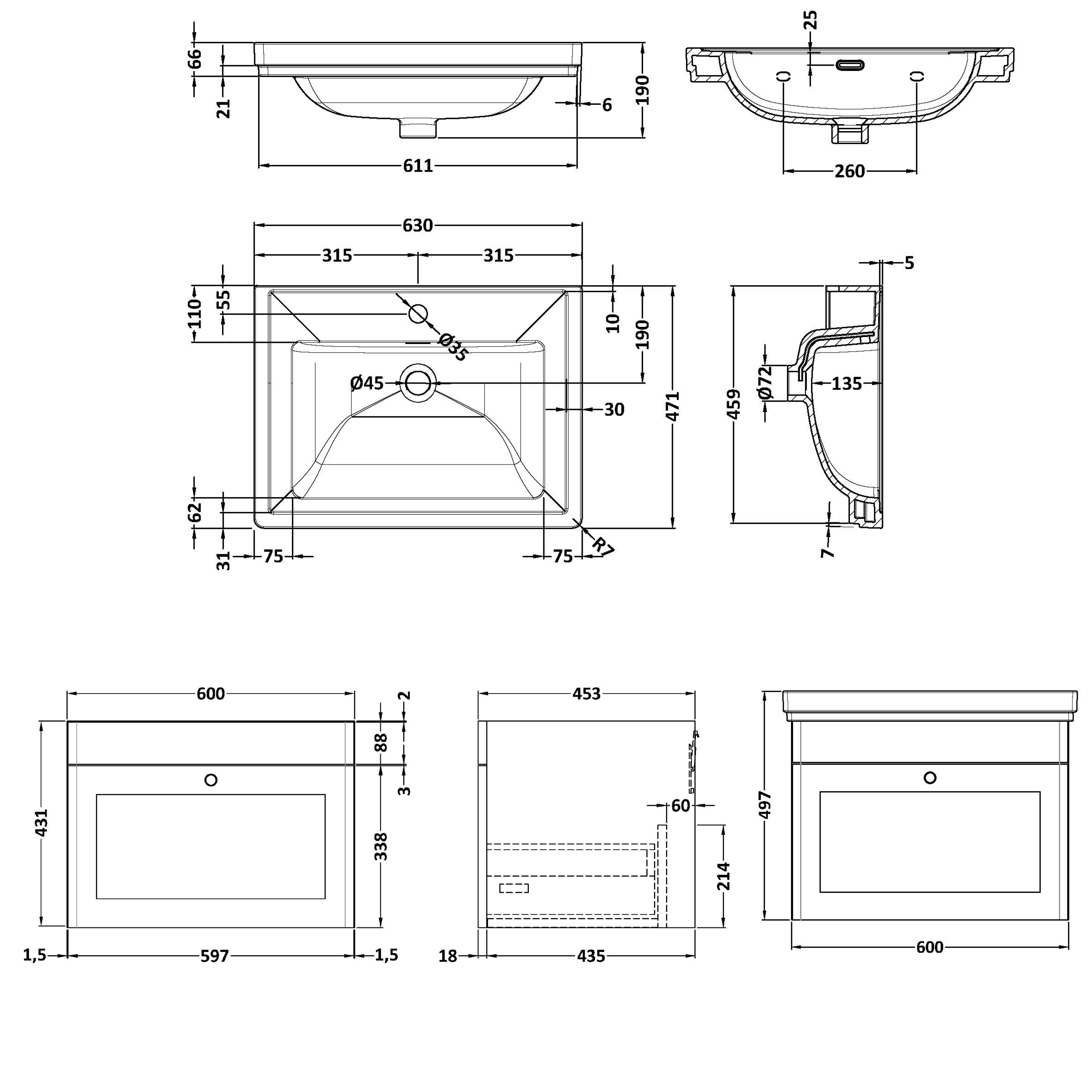 Butler & Rose Ophelia 600mm Wall Mounted 1 Drawer Vanity Unit & Basin