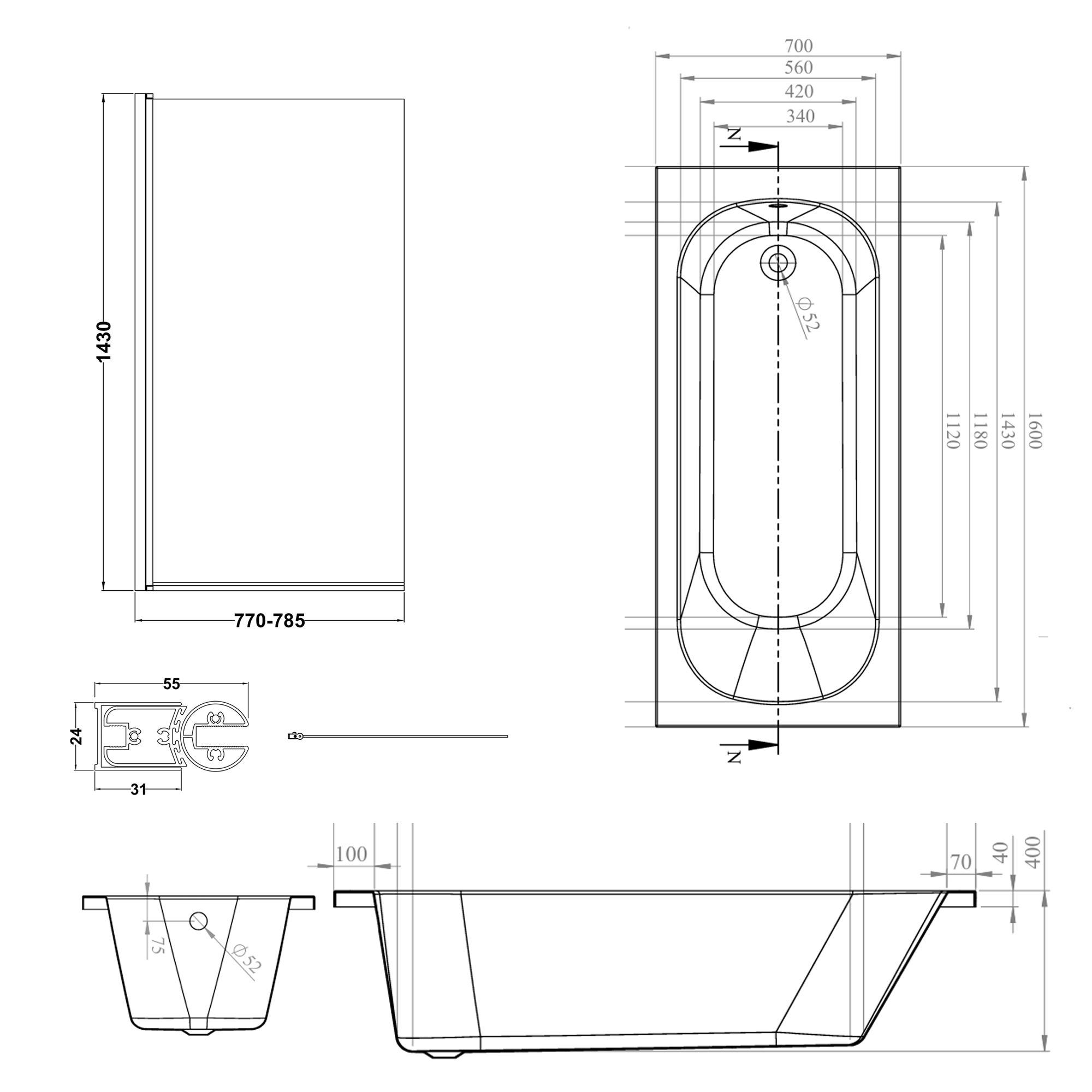 Armourcast Reinforced Single Ended Shower Bath & Shower Screen