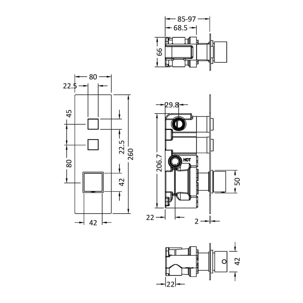 Hudson Reed Ignite Square Two Outlet Push Button Concealed Shower Valve