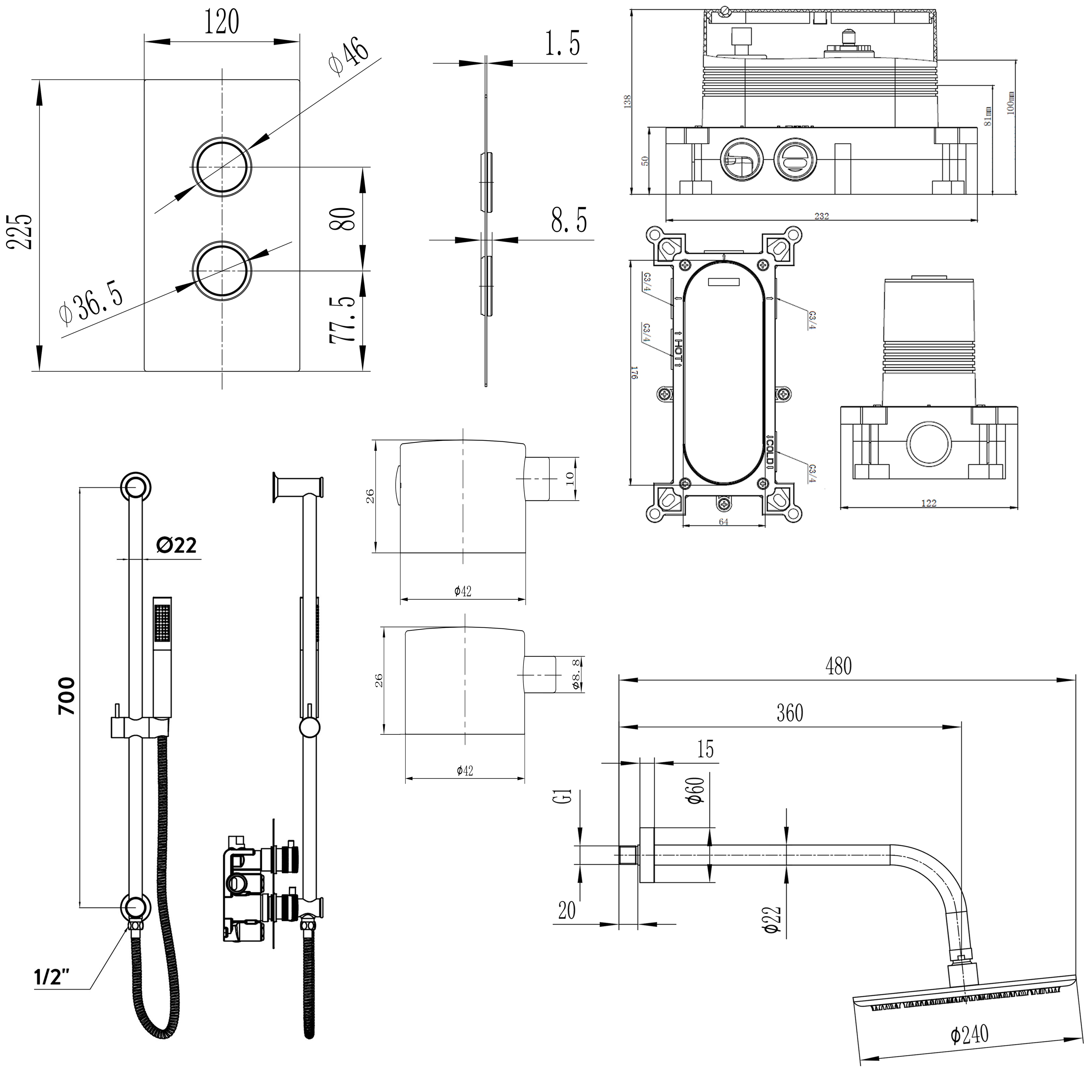 Core Concealed Thermostatic Valve, Fixed Head & Shower Rail Kit