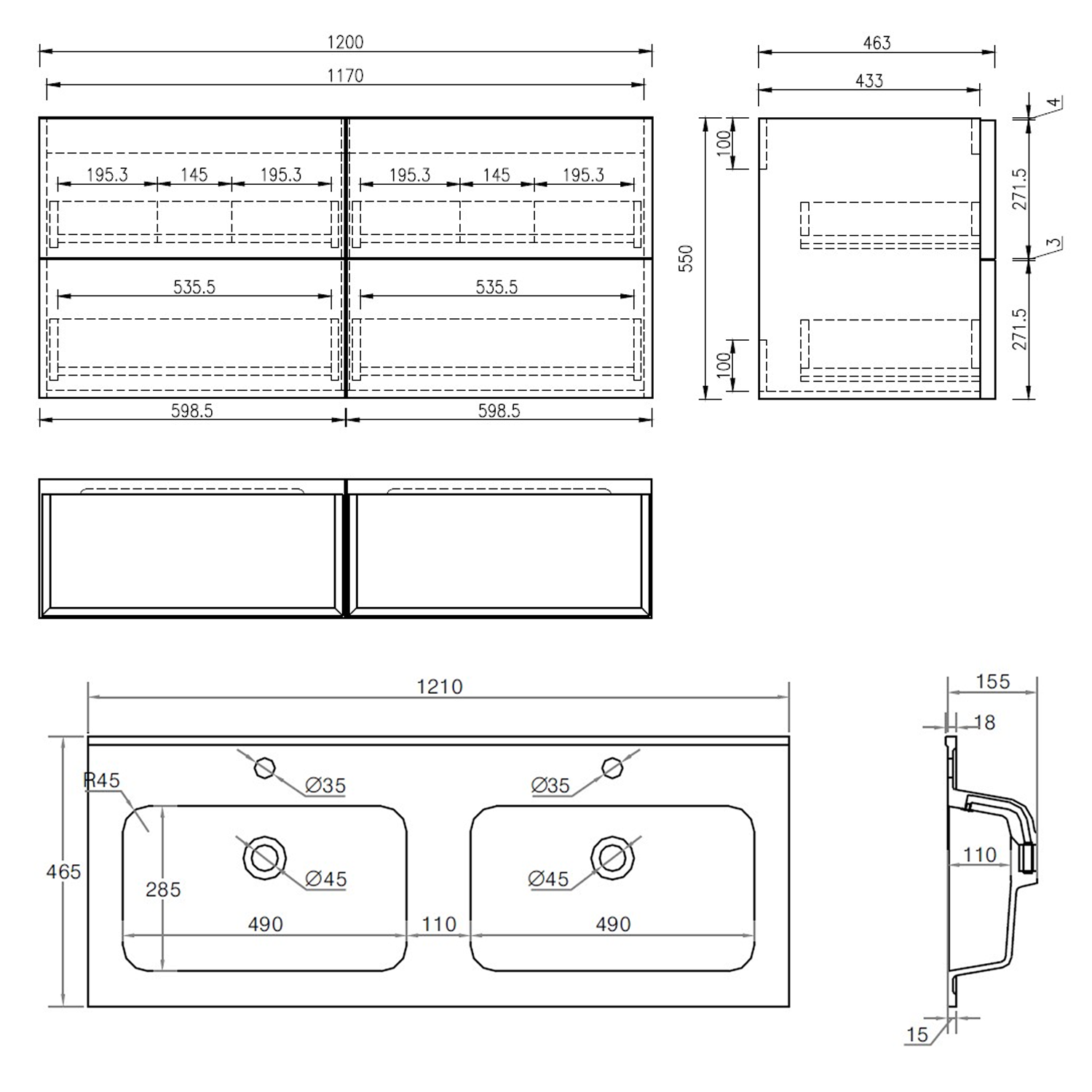 Aura 1200mm Wall Mounted Natural Oak Vanity Unit & Matt White Double Basin