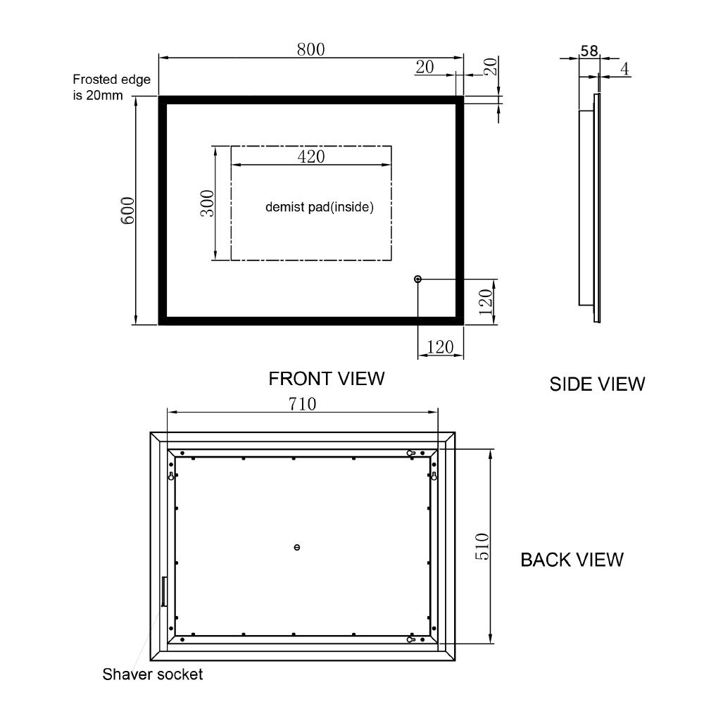 Harbour Glow LED Mirror with Demister Pad & Infrared Touch Button - 800 x 600mm