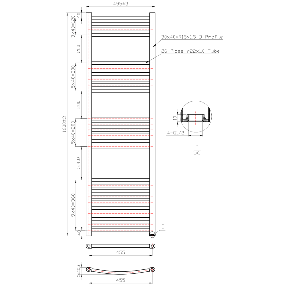 Brenton Matt Black Straight Heated Flat Towel Rail