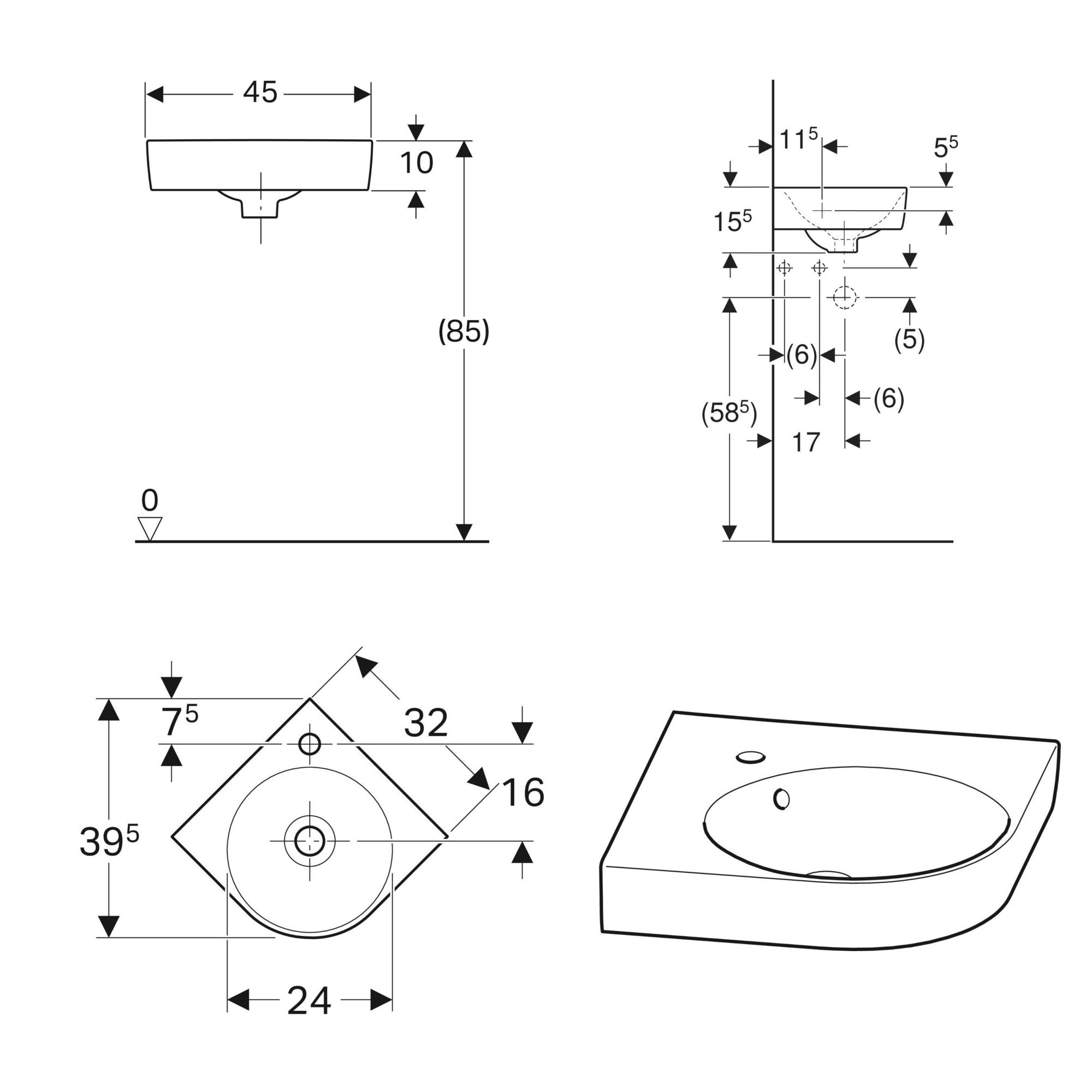 Geberit Selnova 450mm Compact Wall Hung Corner Basin