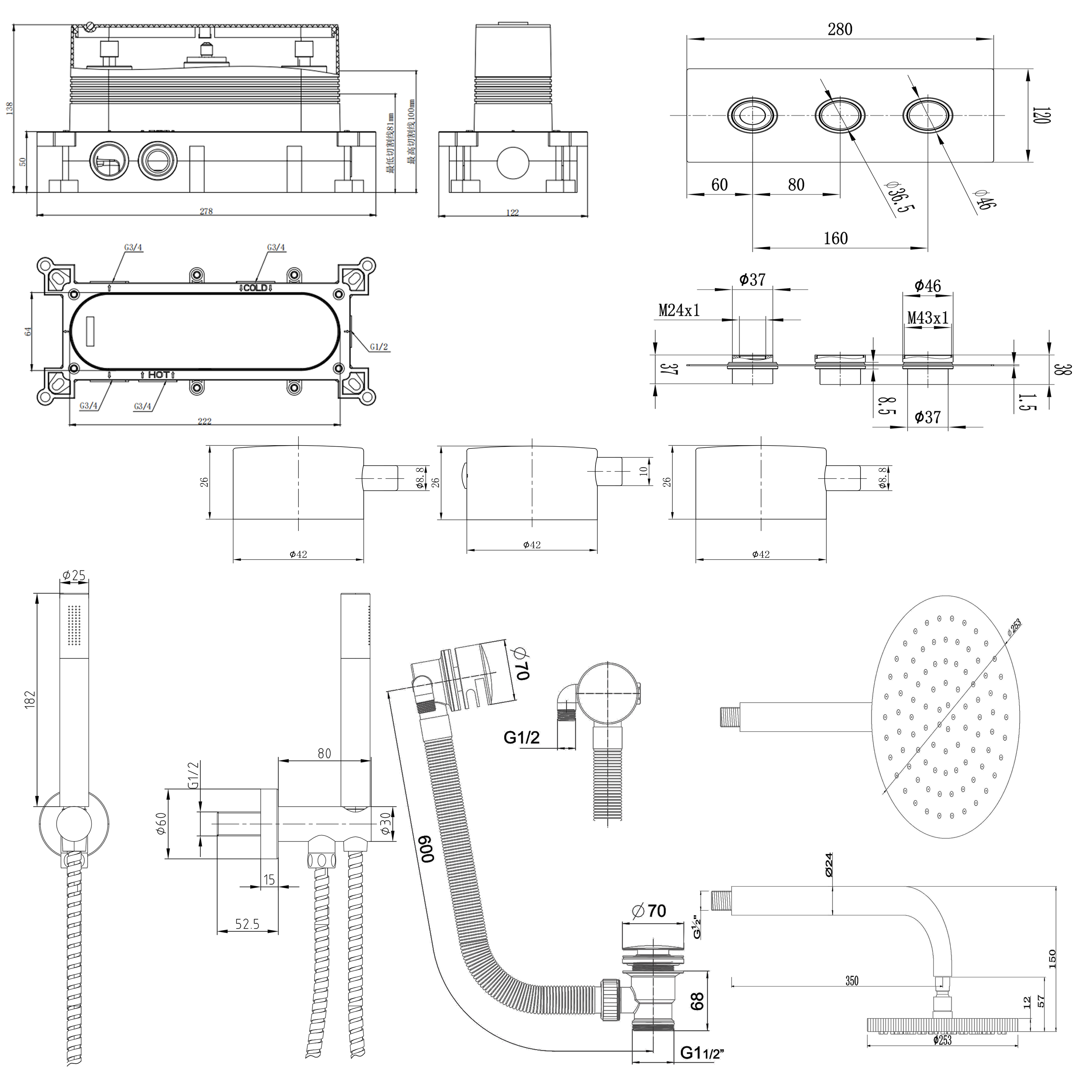 Core Shower Package with 3 Outlet Valve, Fixed Shower Head, Kit & Overflow Bath Filler