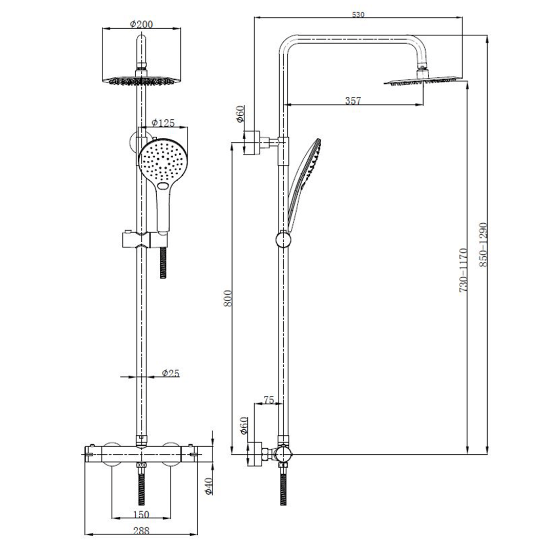 Drench Round Telescopic WRAS-Approved Thermostatic Rigid Riser Shower Set with Slim Head