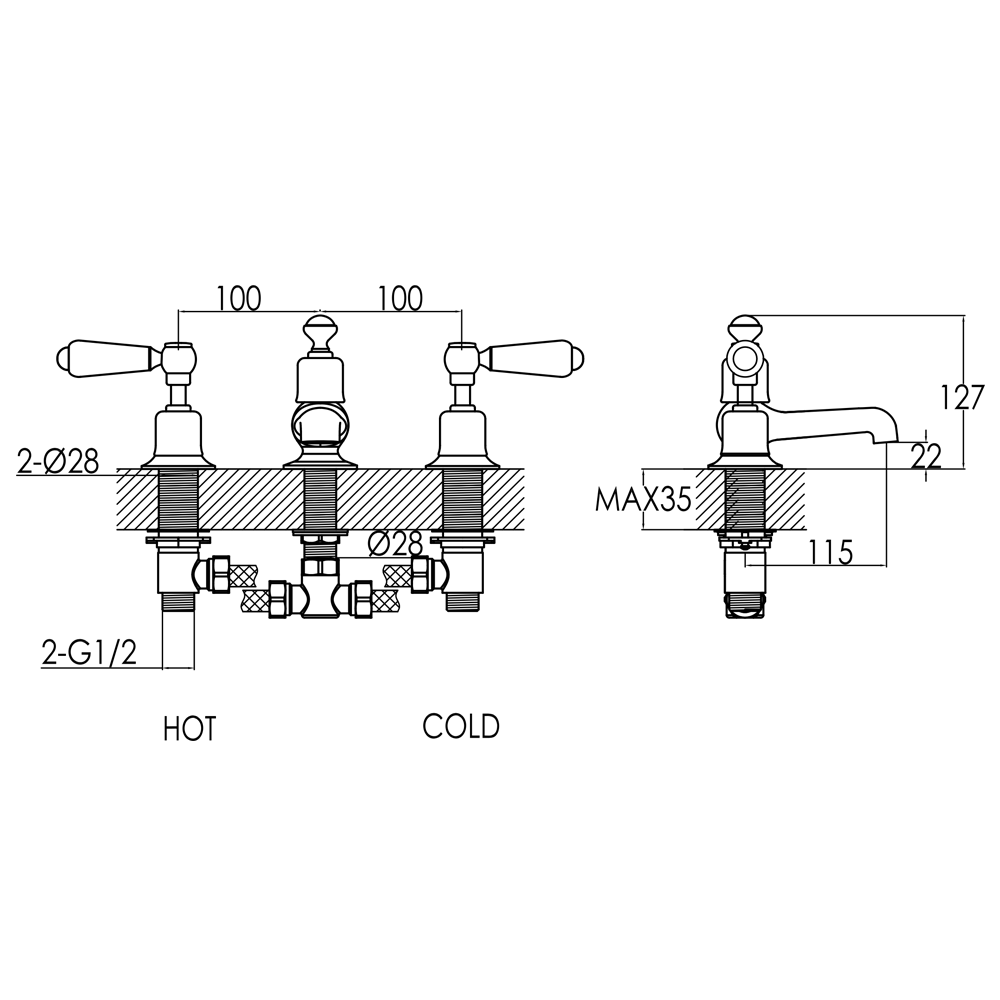 Butler & Rose Caledonia Lever 3 Hole Deck Mounted Bath Filler Tap