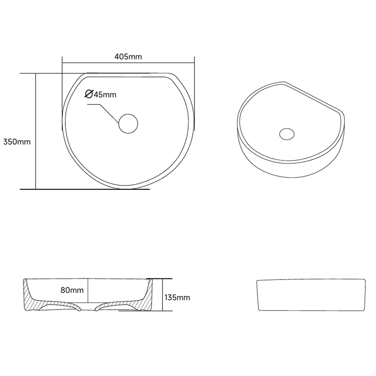 Segment Semi-Circle Countertop Basin - 405 x 350mm