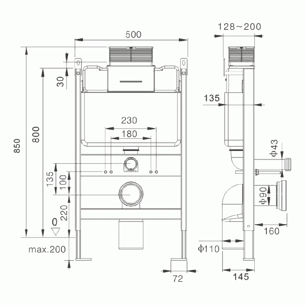 Imex Reduced Height Wall Hung Toilet Frame System with Top Mounted Dual Flush Plate