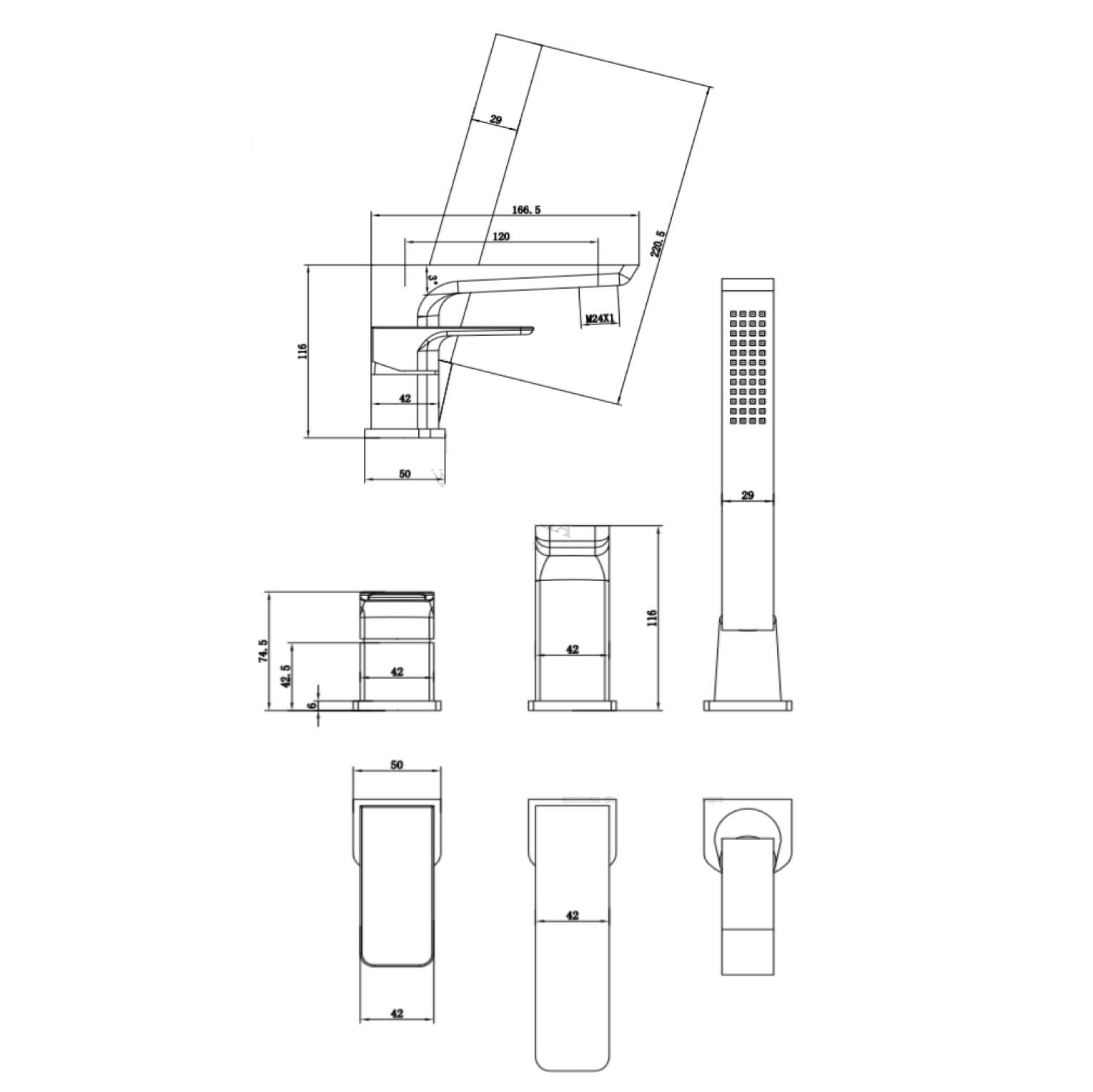 Harbour Status Matt Black 3 Hole Bath Mixer with Pull Out Handset
