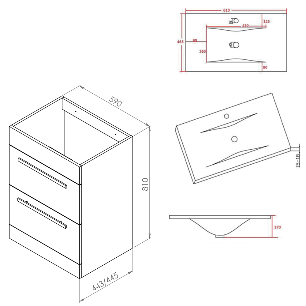 Vellamo Aspire 600mm Floorstanding 2 Drawer Vanity Unit & Basin - Gloss White