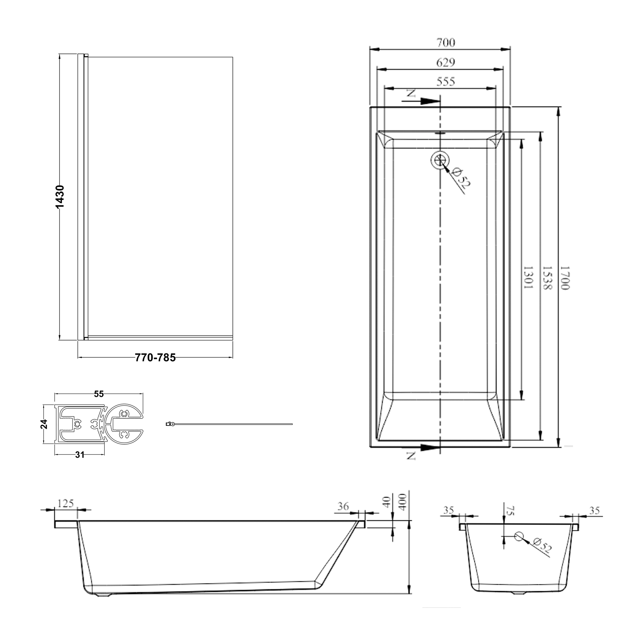 Armourcast Reinforced Slim Edge Square Single Ended Bath & Brushed Brass Shower Screen - 1700mm