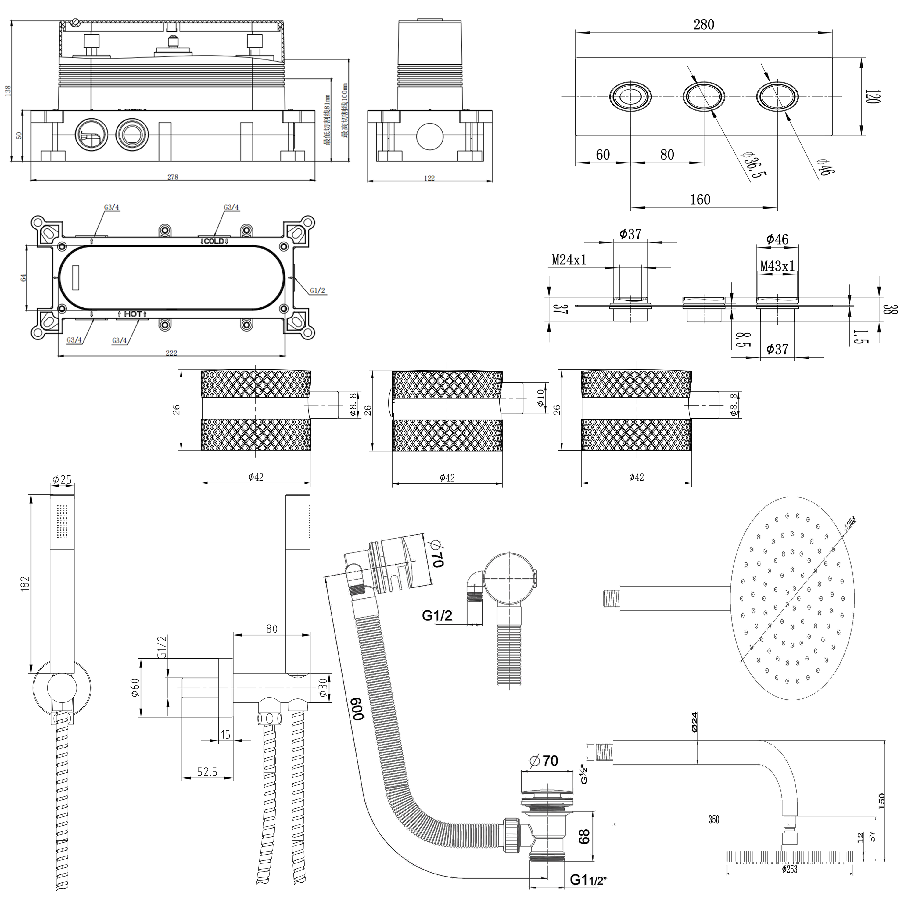 Core Shower Package with 3 Outlet Valve, Fixed Shower Head, Kit & Overflow Bath Filler