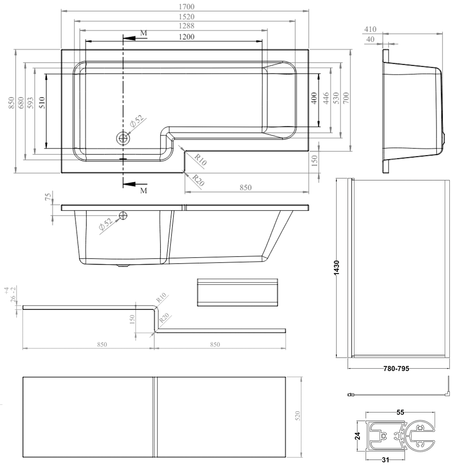 Armourcast Reinforced L Shape Single Ended Bath with Panel & Shower Screen - 1700 x 700