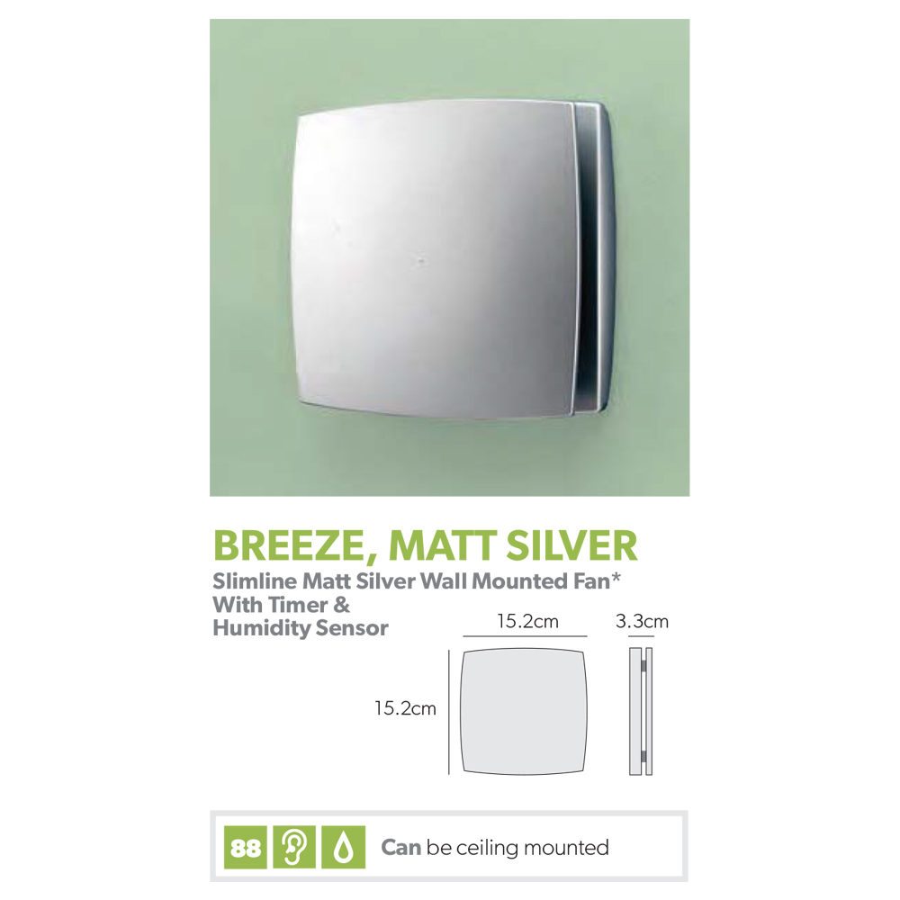 hib. Breeze Matt Silver Wall Mounted Slimline Low Profile Fan with Timer & Humidity Sensor