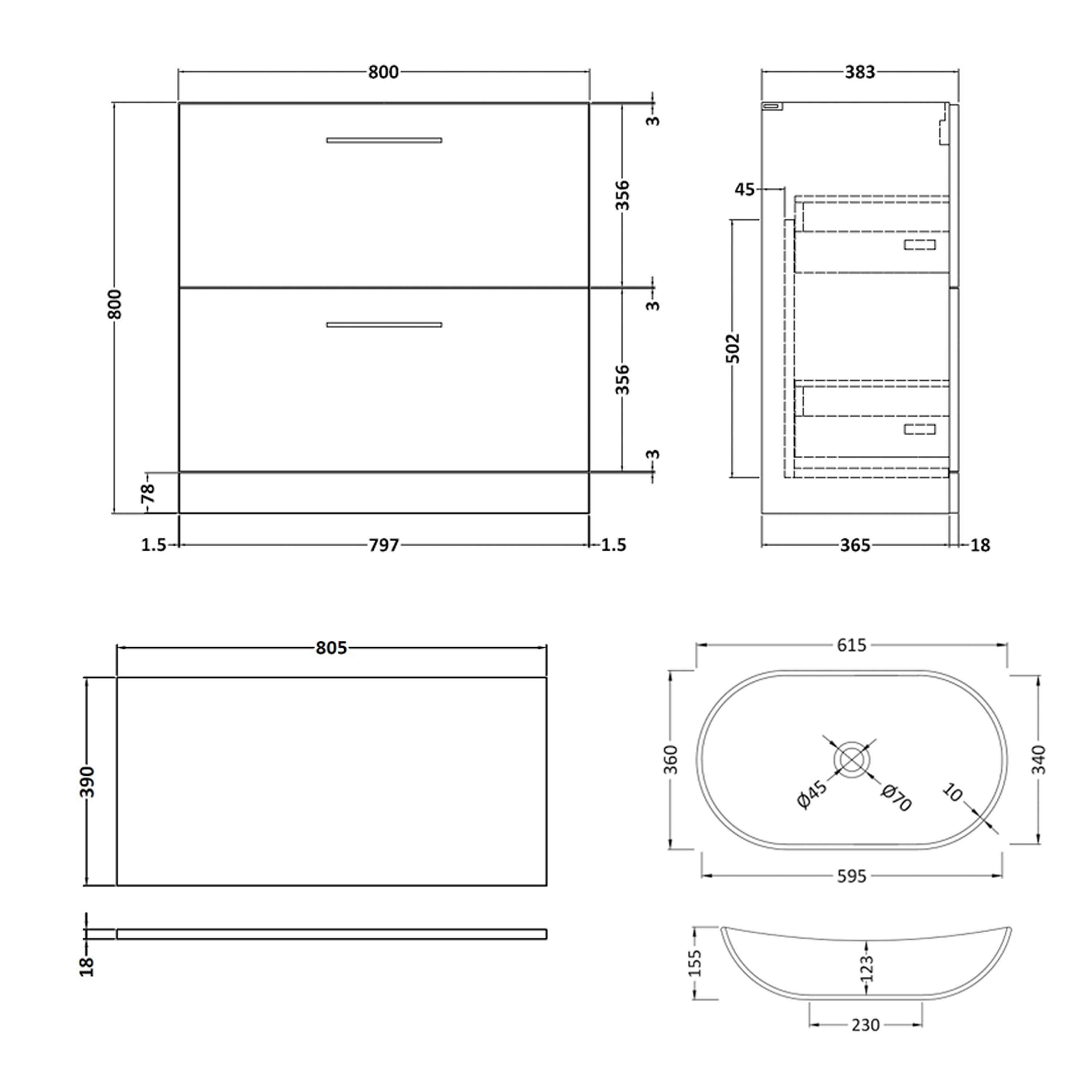 Erin 800mm Floorstanding 2 Drawer Vanity Unit & Countertop