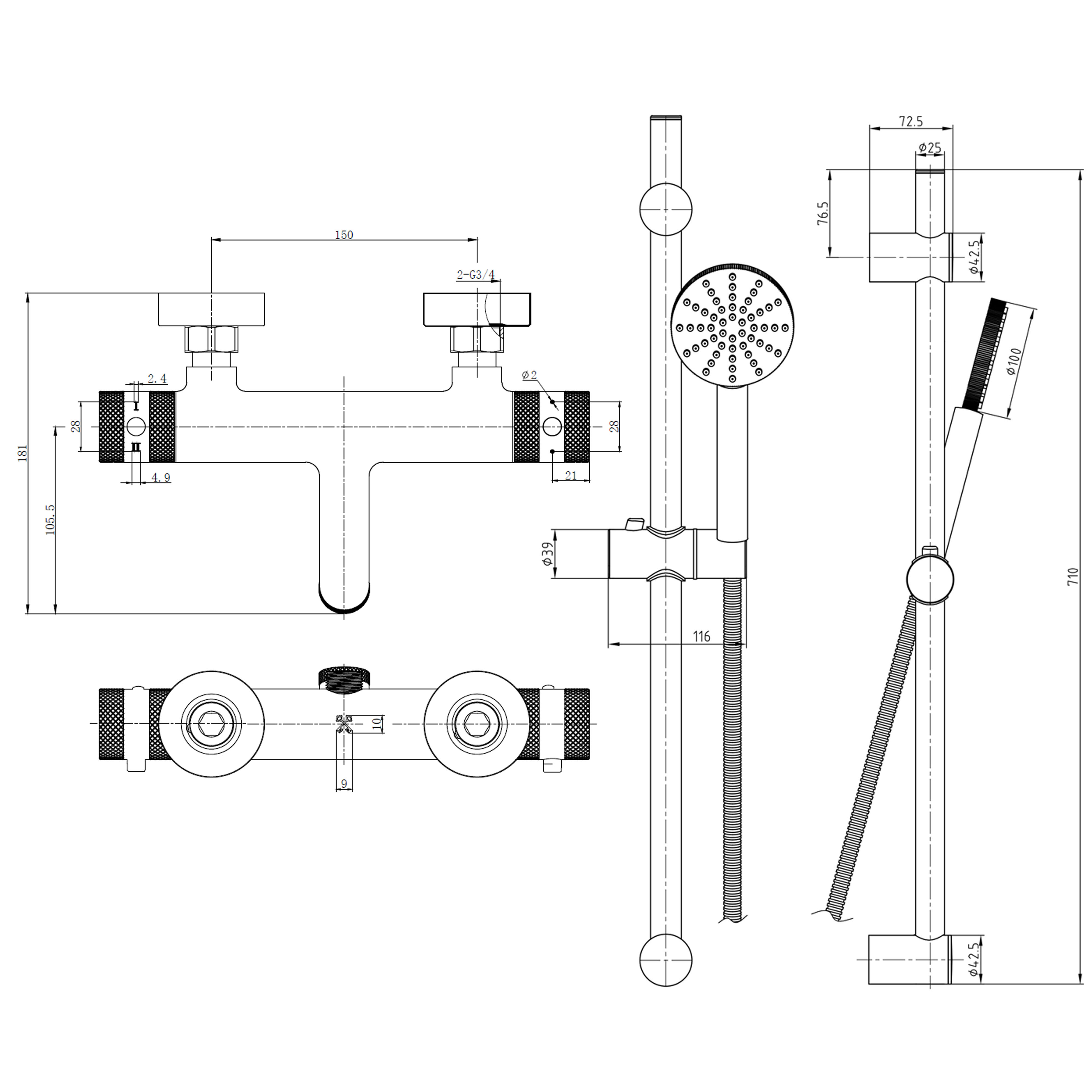 Core 2 Outlet Wall Mounted Bath Shower Mixer with Slide Rail Kit