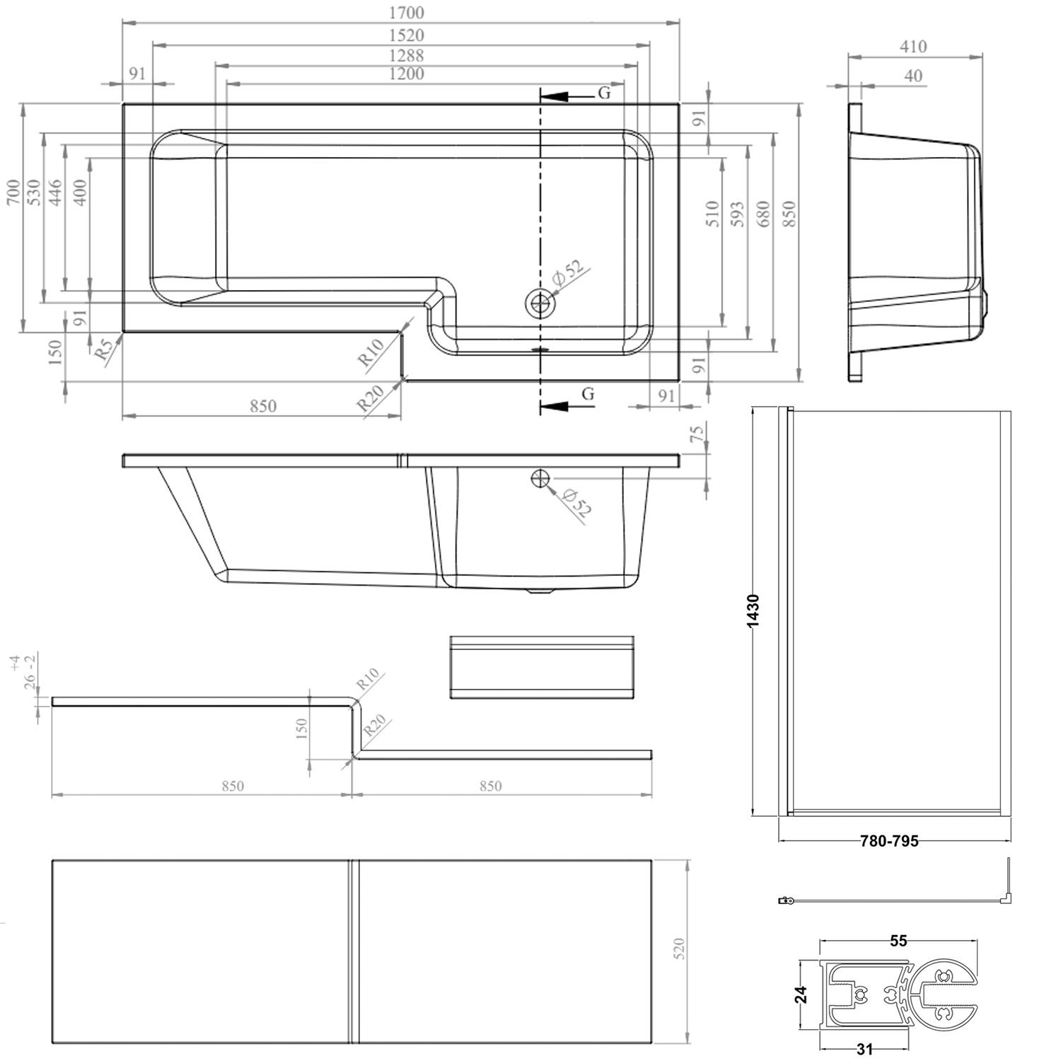 Armourcast Reinforced L Shape Single Ended Bath with Panel & Shower Screen - 1700 x 700
