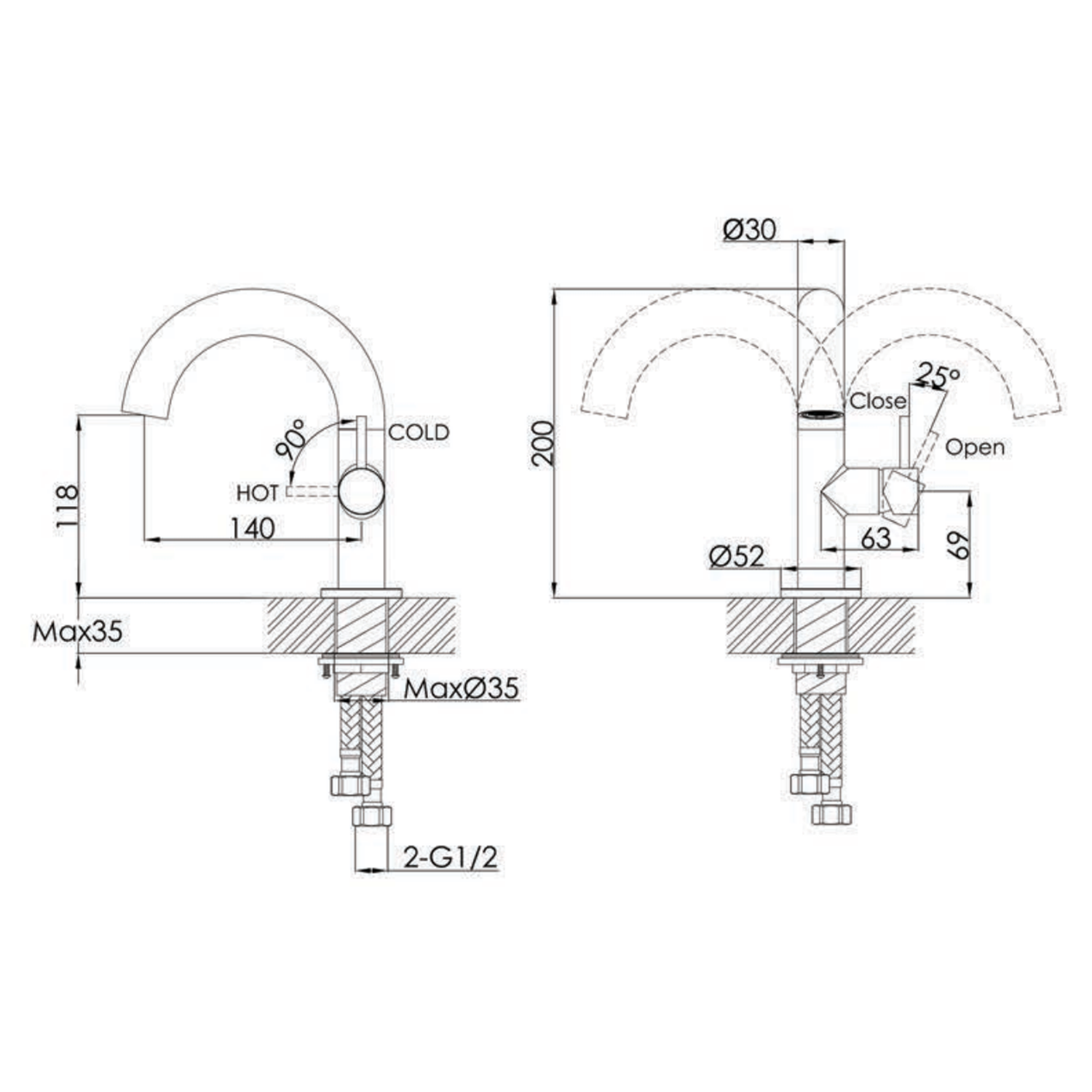 VOS Side Lever Mono Basin Mixer Tap with Swivel Spout