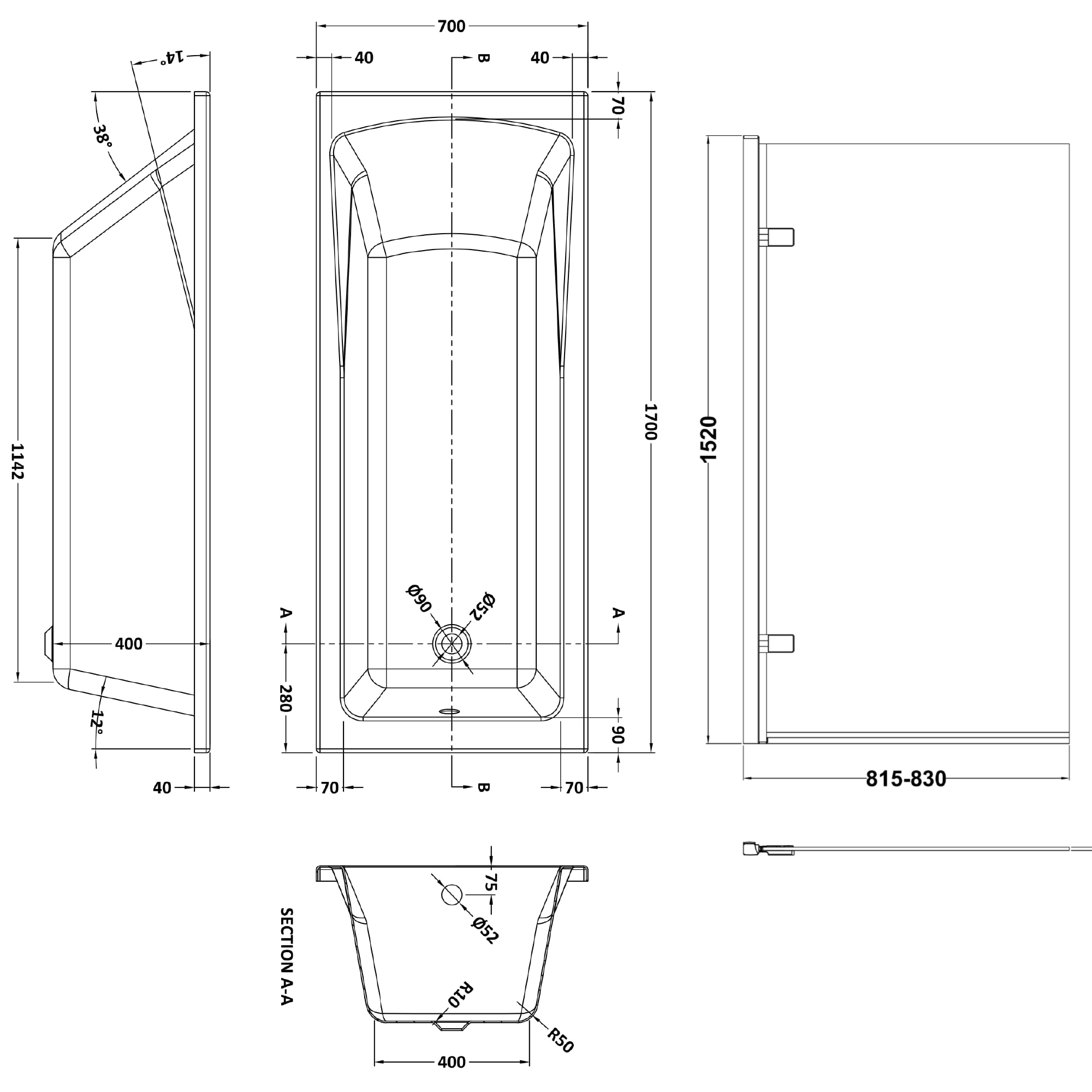 Drench Straight Single Ended Square Bath & Brushed Brass Shower Screen