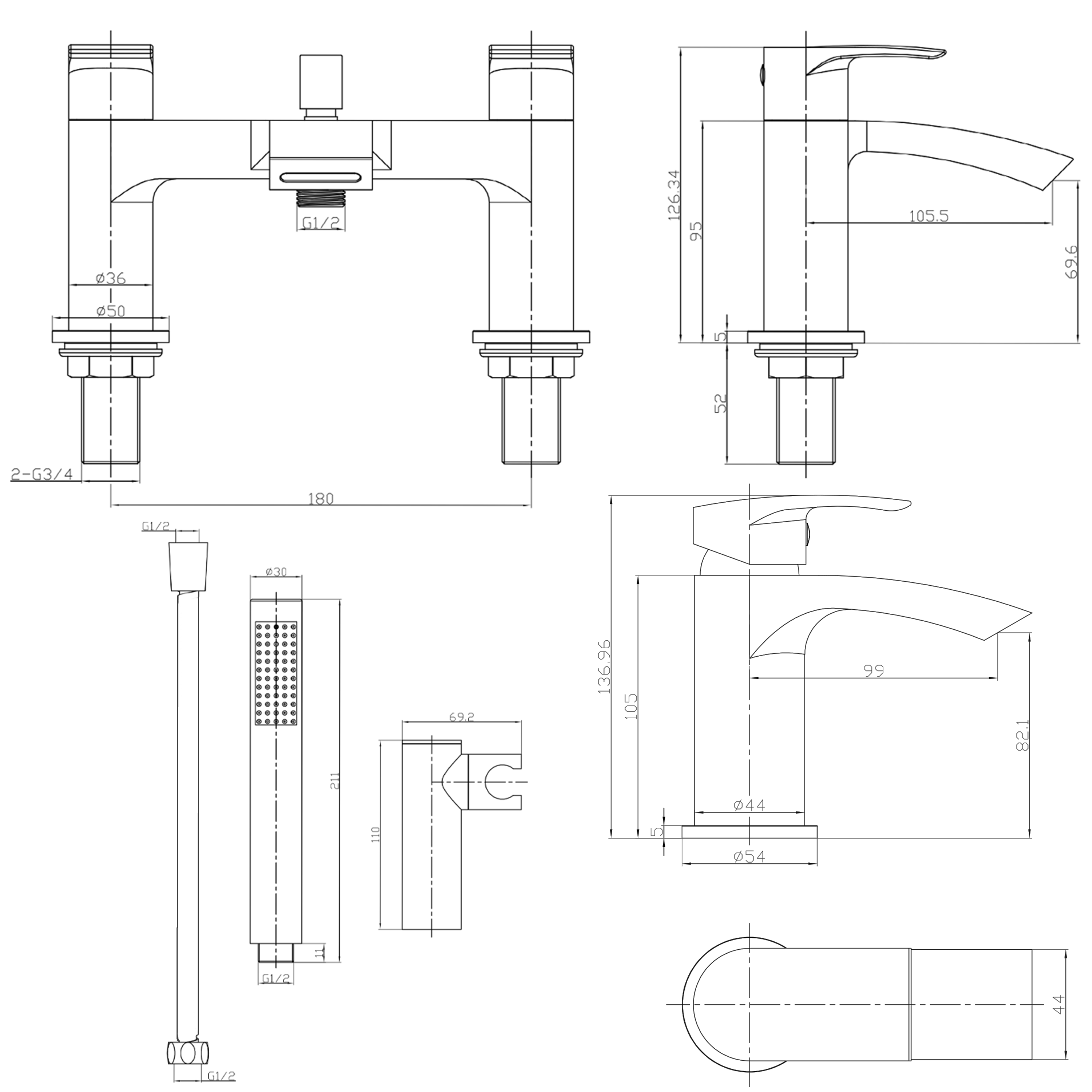 Vellamo Swift Matt Black Basin Mixer Tap & Waste and Bath Shower Mixer Tap with Shower Kit