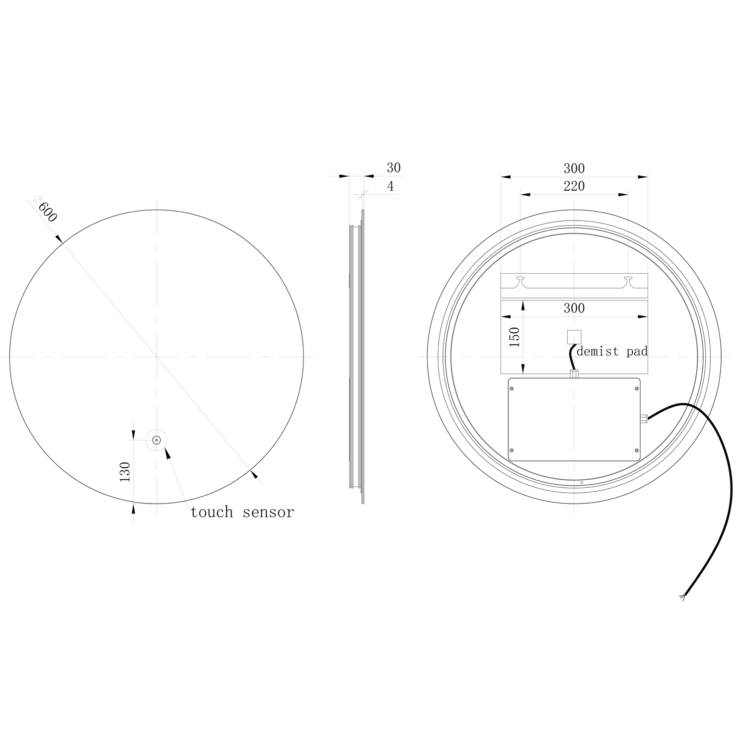 Harbour Vision LED Illuminated Round Bathroom Mirror with Demister Pad - 600mm