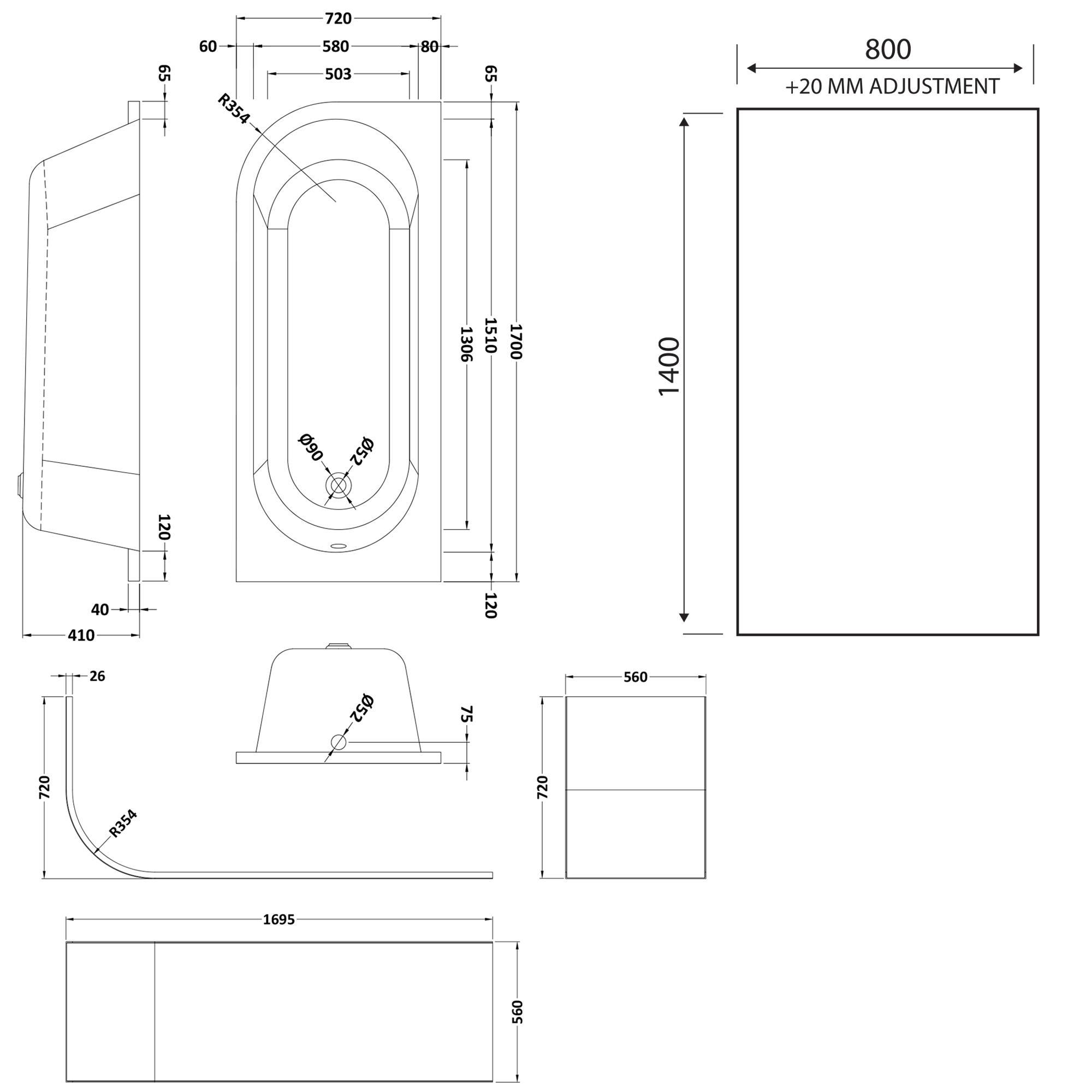 Drench J Shaped Shower Bath with Panel & Shower Screen - 1700mm