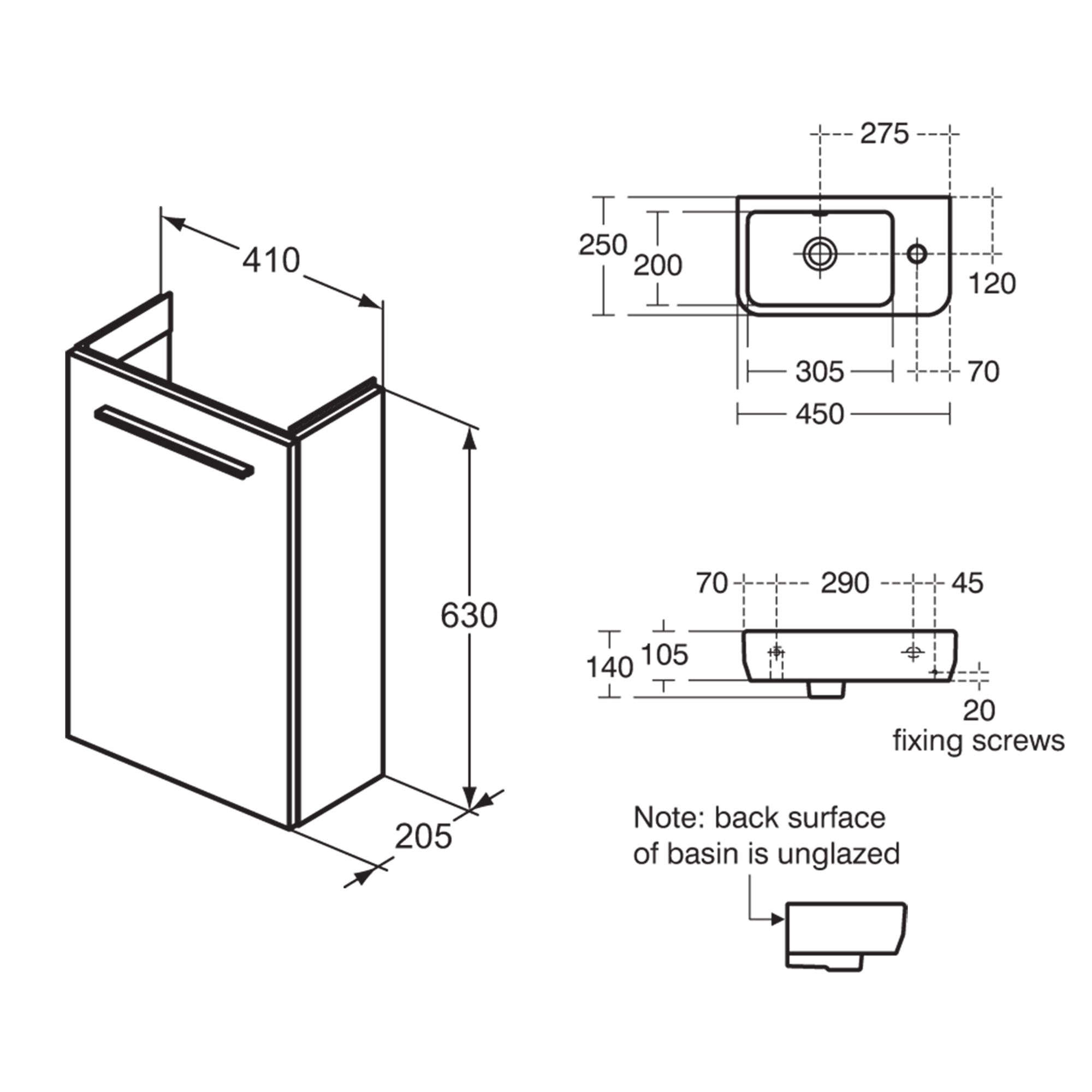 Ideal Standard i.life S 450mm Cloakroom Wall Mounted 1 Door Vanity Unit & Basin