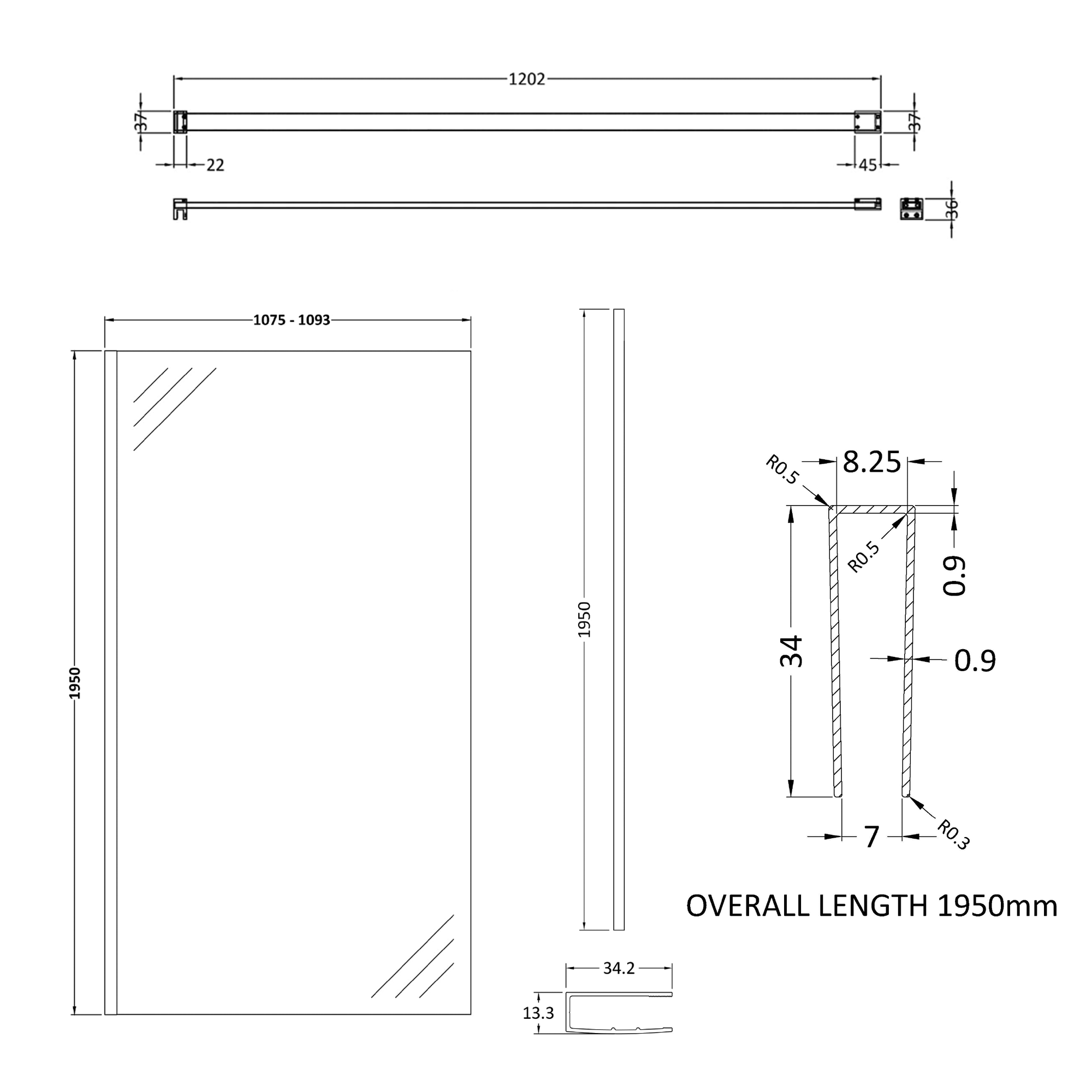 Harbour Frame Matt Black Walk in Glass Shower Screen with Support Bar