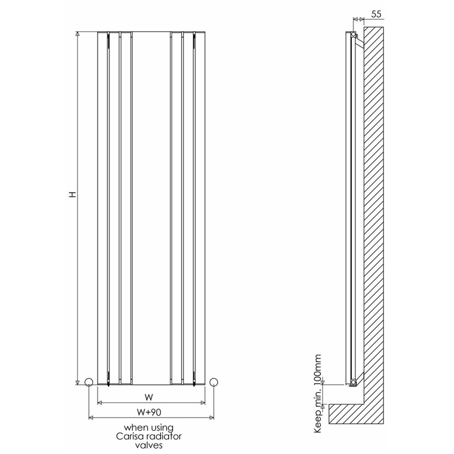 Carisa Tallis Vertical Single Panel Mirror Aluminium Radiator - 1800 x 550mm