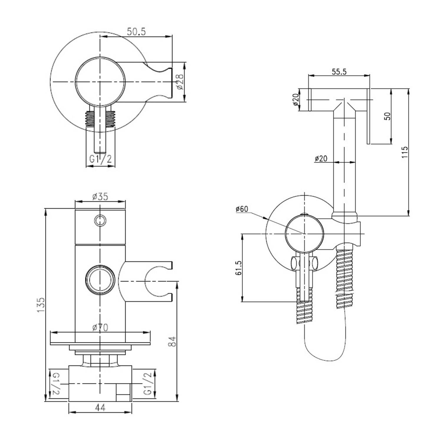 VOS Douche Handset with Hose & Wall Bracket - Matt Black