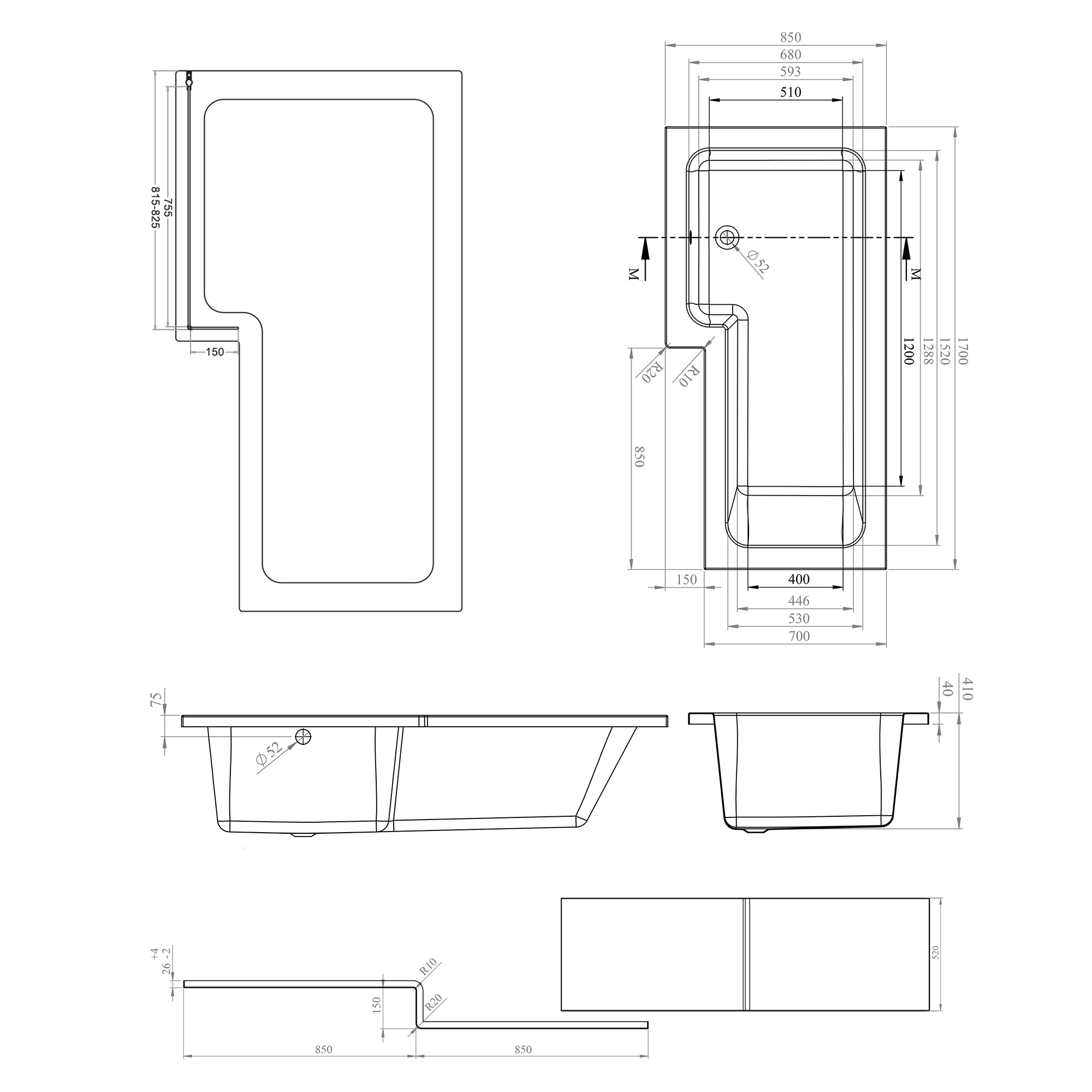 Armourcast Reinforced L Shape Single Ended Bath with Panel & Shower Screen - 1700 x 700