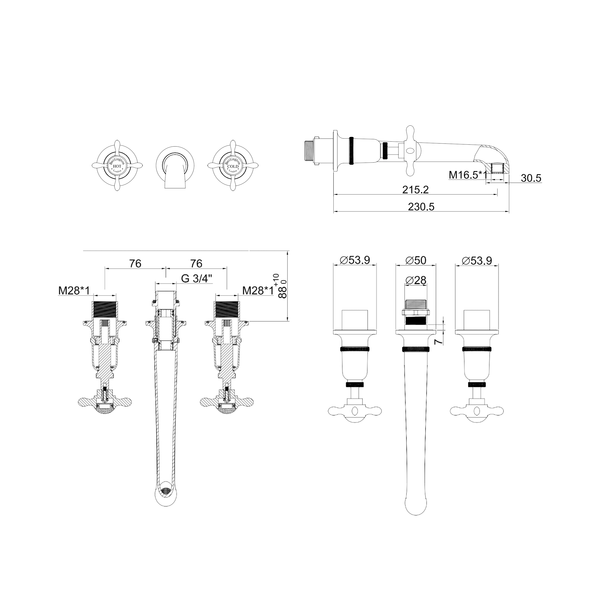 Burlington Guild 3 Hole Wall Mounted Basin Mixer Tap