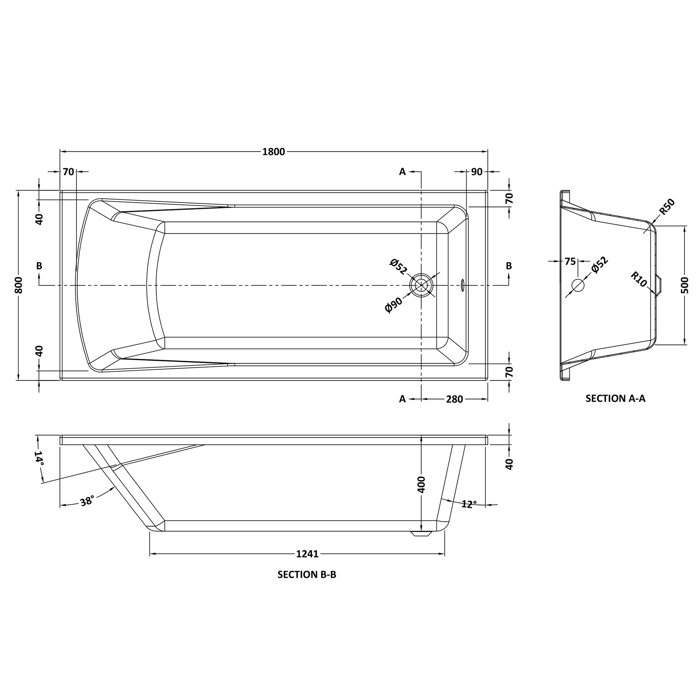 Drench Straight Single Ended Bath - Square