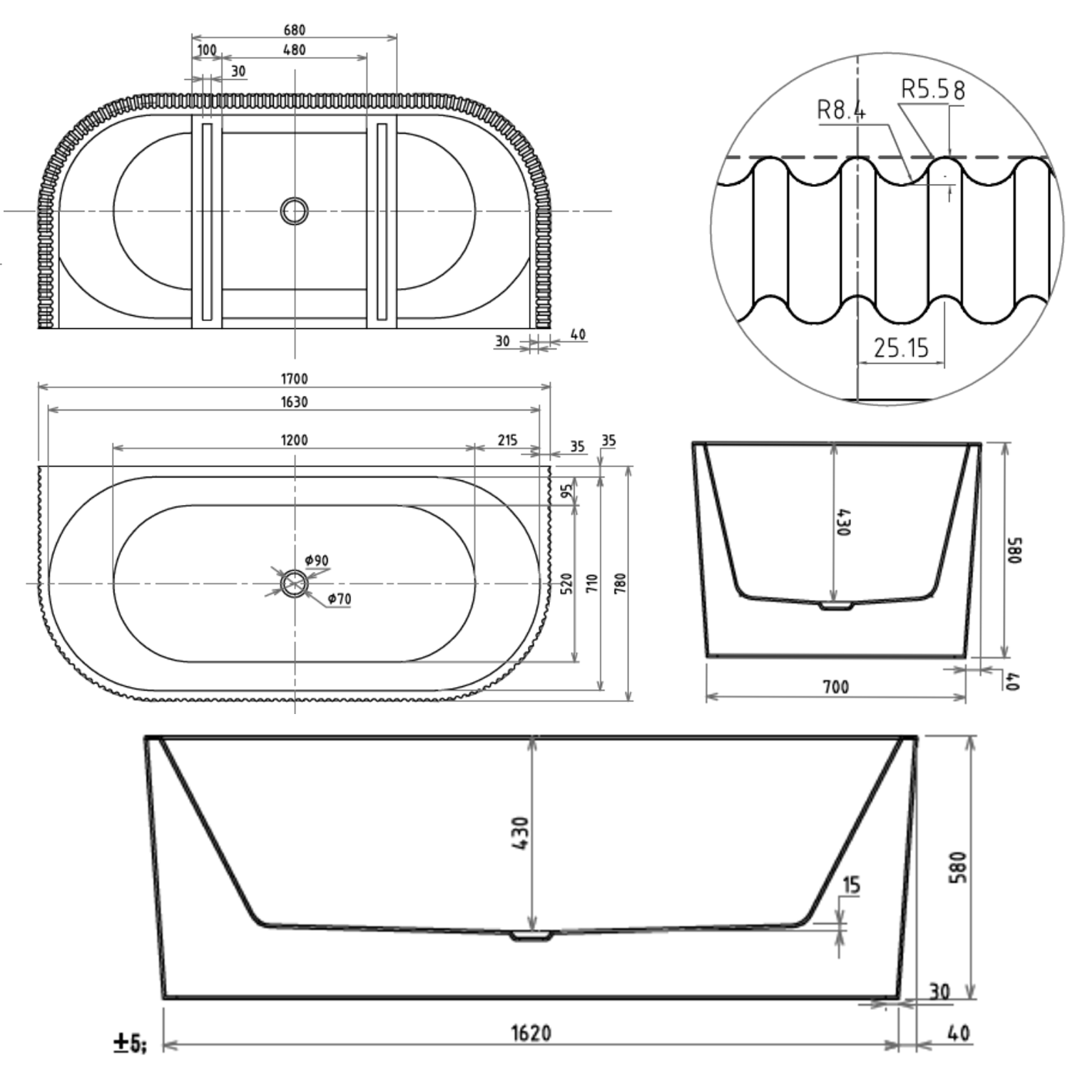 Billy Fluted Back to Wall Bath - 1700 x 780mm