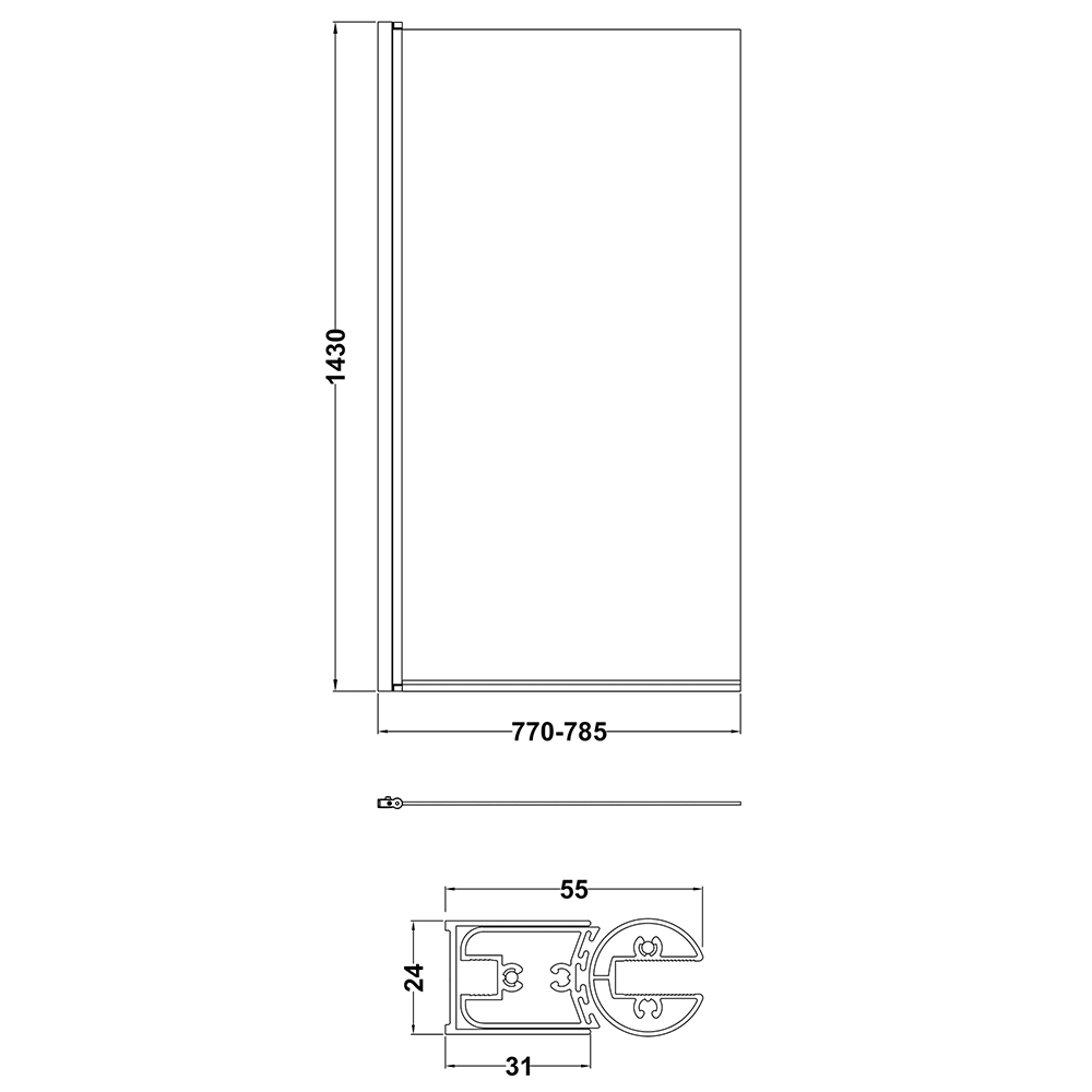 Vellamo City 6mm Matt Black Square Corner Hinged Bath Screen - 1430 x 770mm