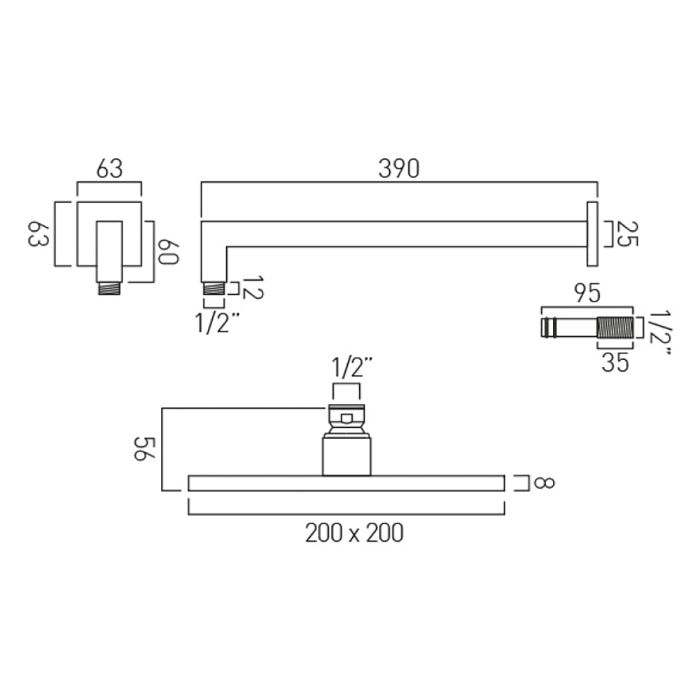 Vado Atmosphere Square Air Injection Fixed Shower Head with Shower Arm