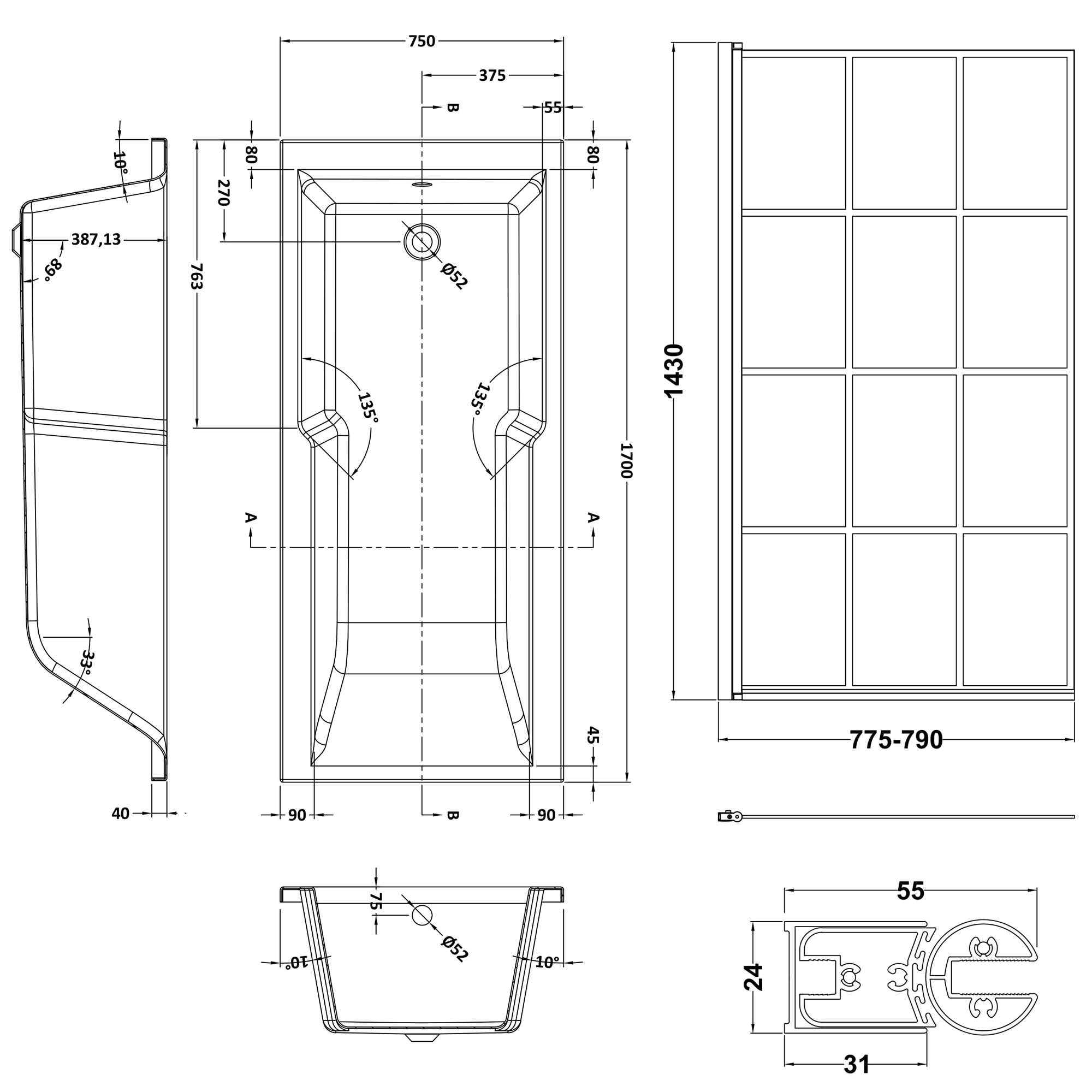 Drench Keyhole Shower Bath with Shower Screen - 1700mm