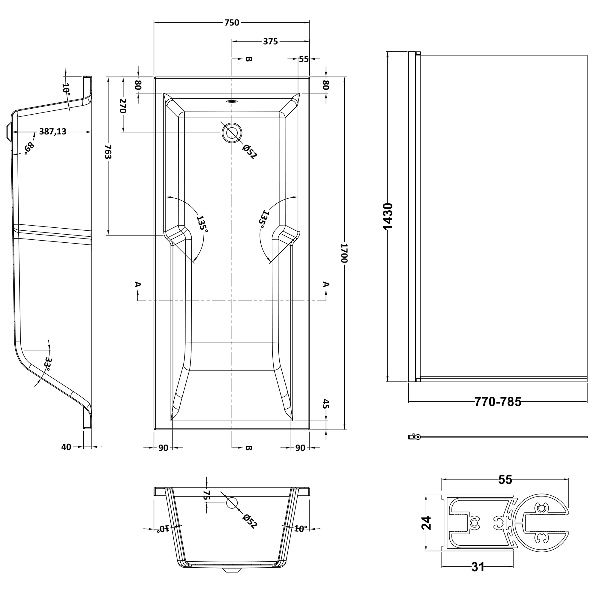 Drench Keyhole Shower Bath with Shower Screen - 1700mm