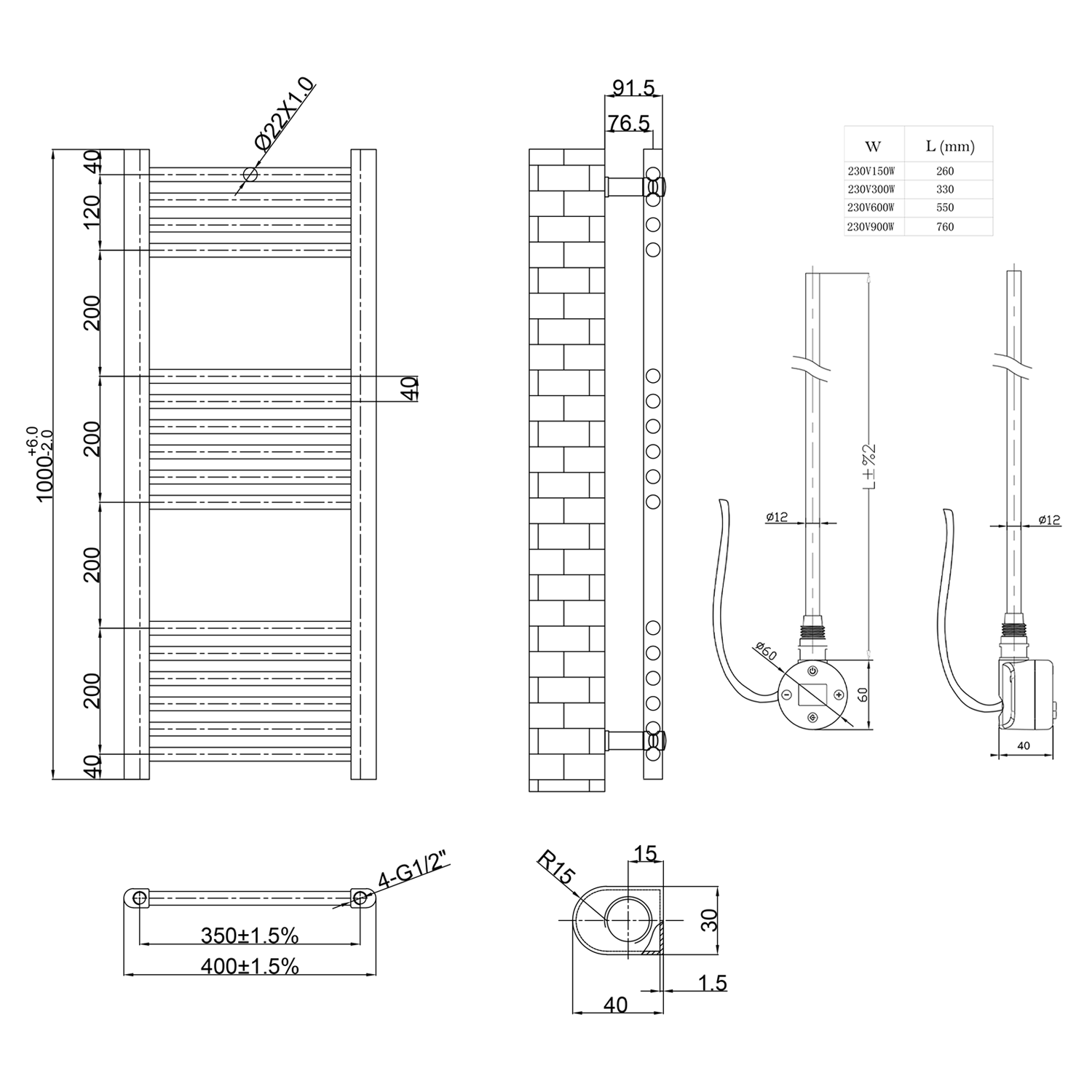 Toasty Glow Chrome 22mm Electric Heated Ladder Towel Rail with Heating Element