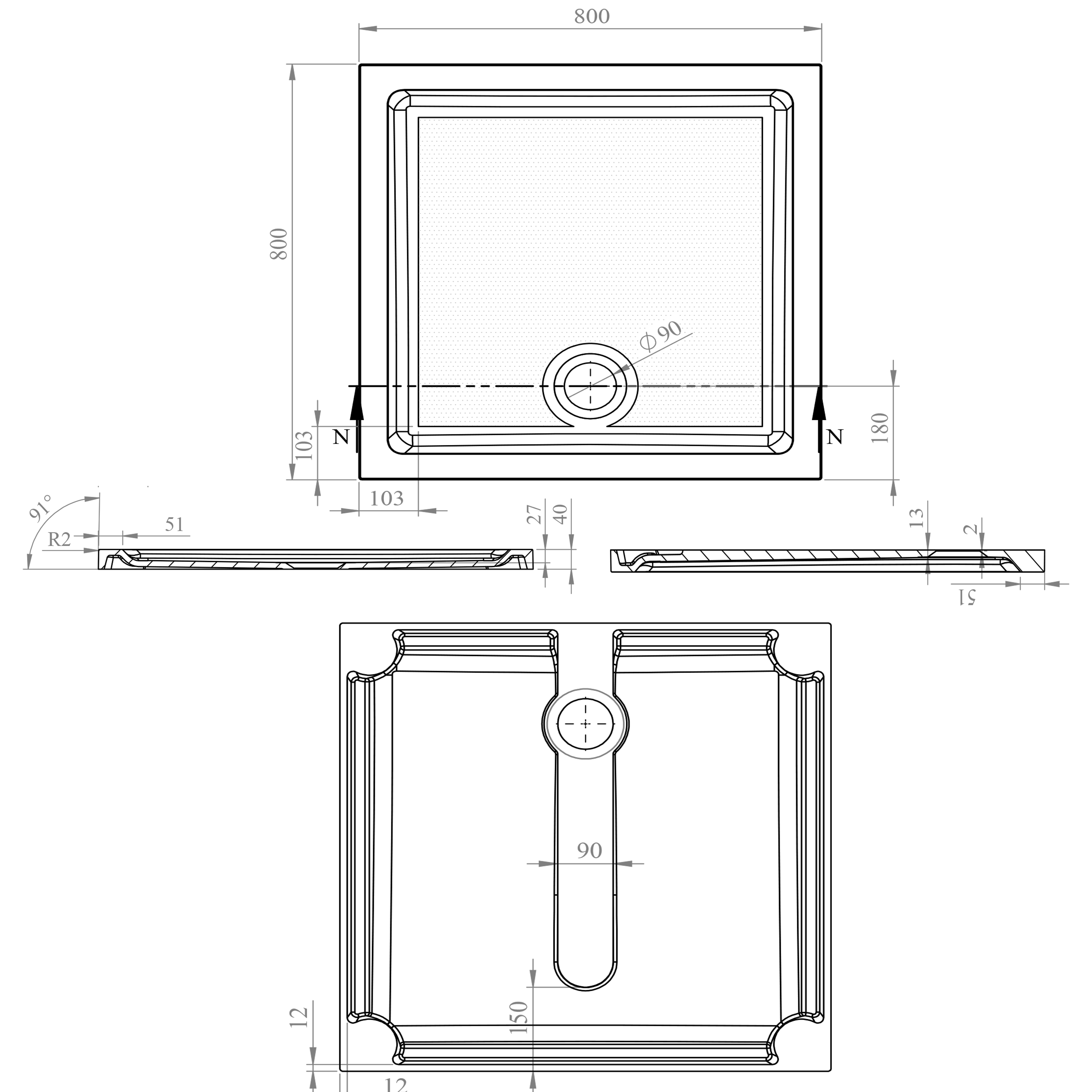 Harbour Anti Slip Gel Coated Stone Resin Square Shower Tray - 2 Sizes