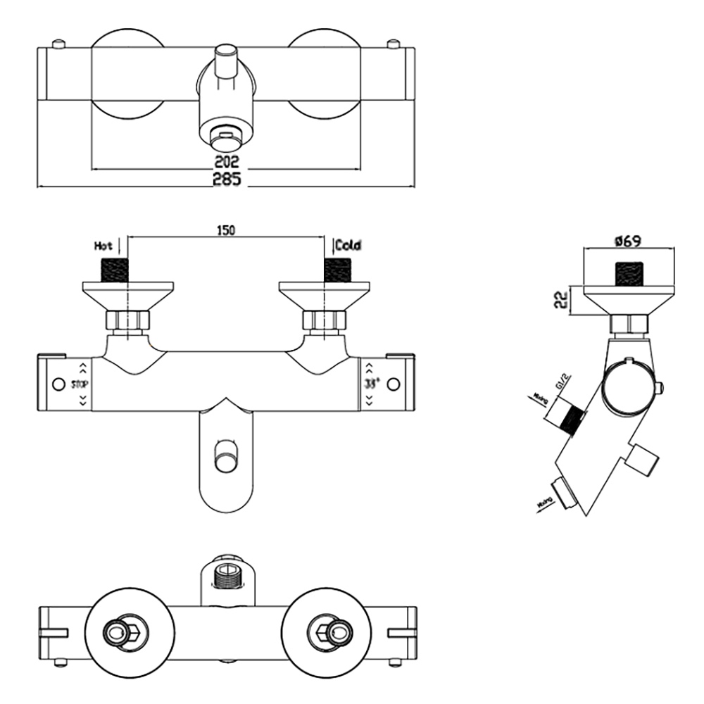 Crosswater Kai Exposed Thermostatic Angled Bath Shower Mixer Valve