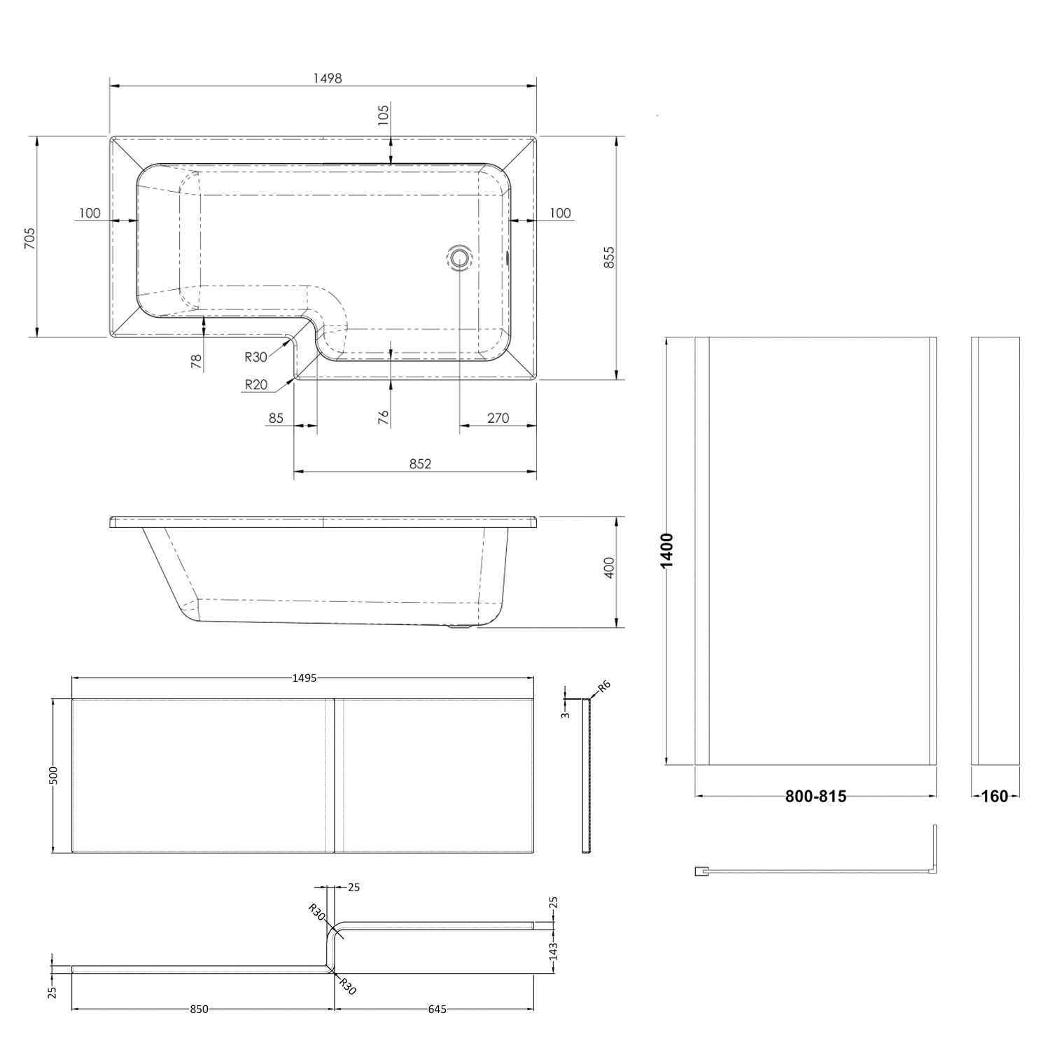 Drench L Shaped Shower Bath with Brushed Brass Shower Screen & Panel - 1500mm