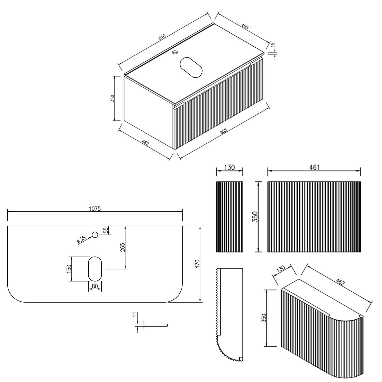 Drench Groove 1070mm Fluted Wall Hung Curved Vanity Unit With Sintered Stone Countertop