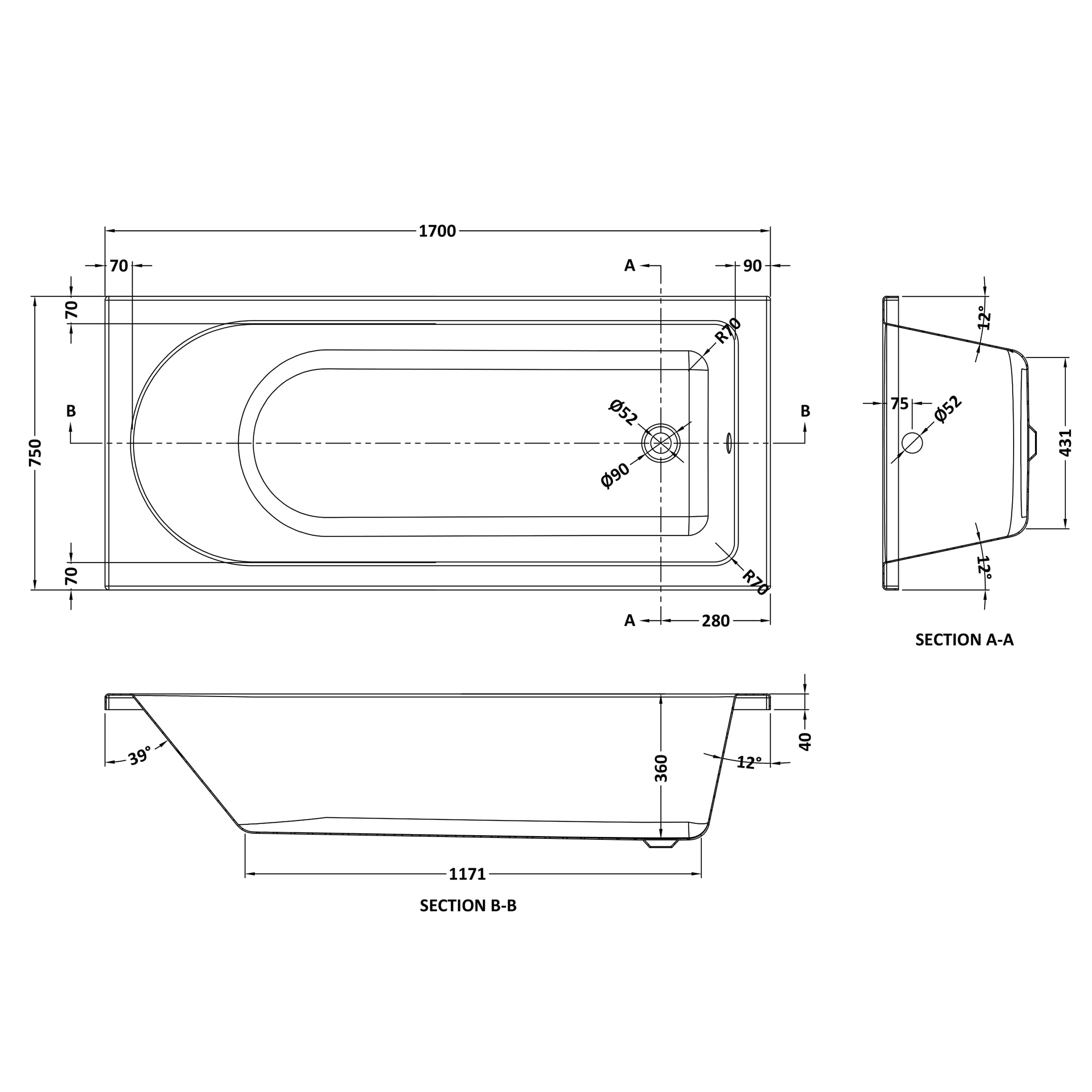 Drench Straight Single Ended Bath - Curved