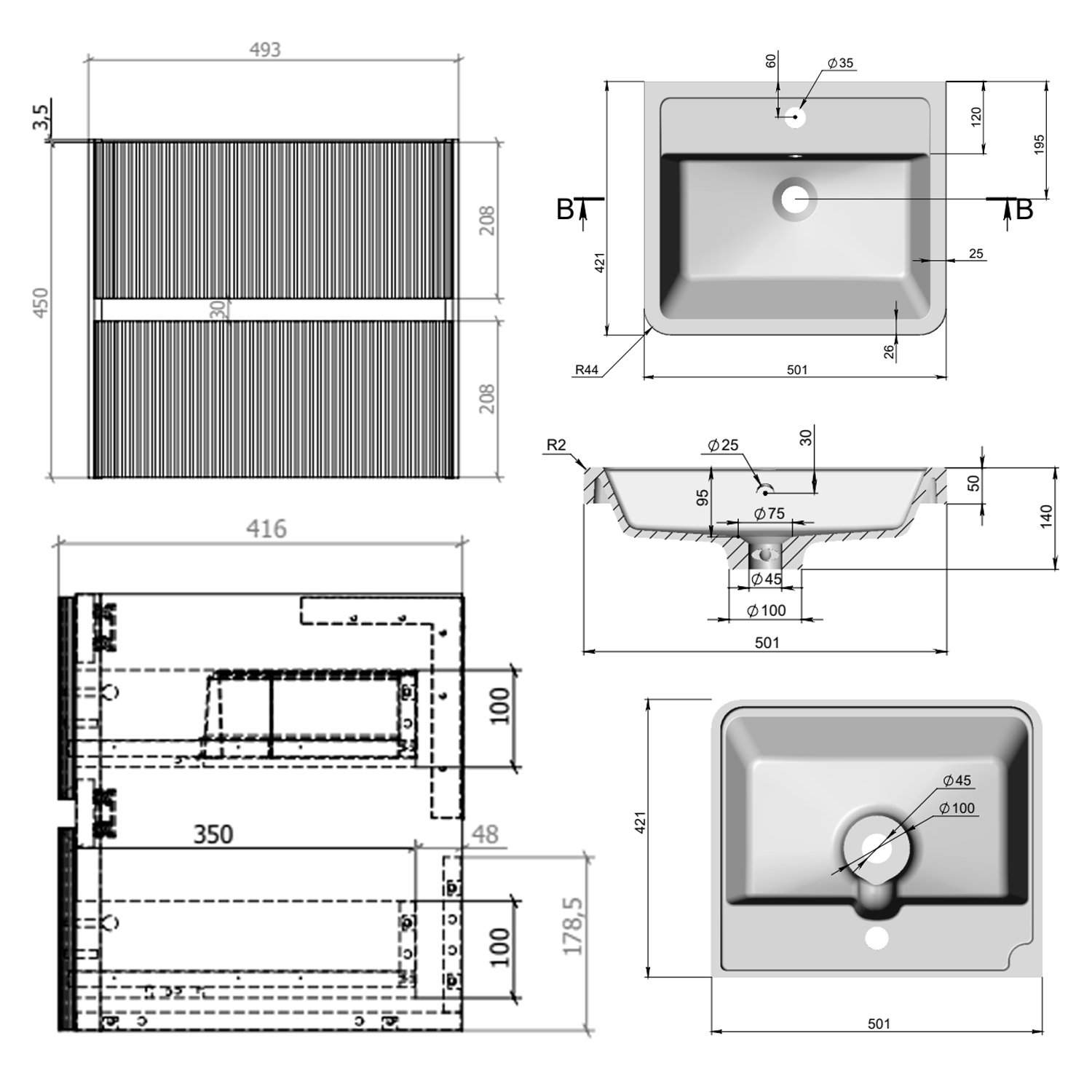 Drench Origin 500mm Fluted Wall Mounted Vanity Unit & Basin
