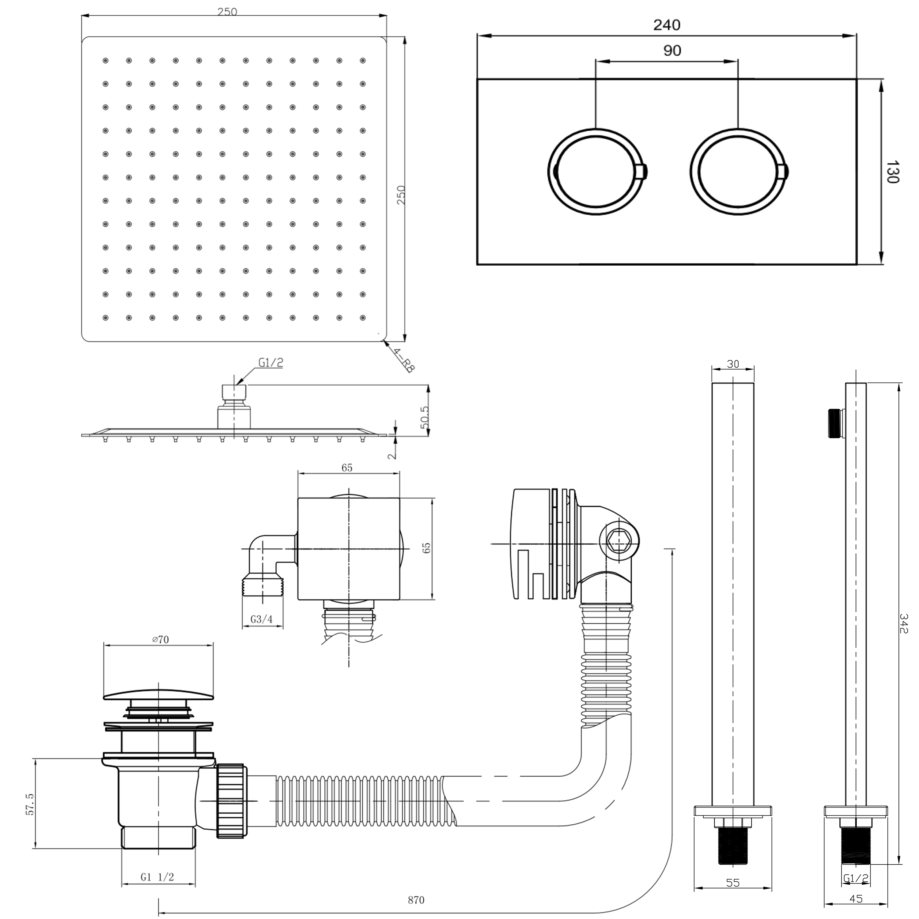 Harbour Status Brushed Brass Shower Package with 2 Outlet Valve, Fixed Head & Arm and Overflow Bath Filler