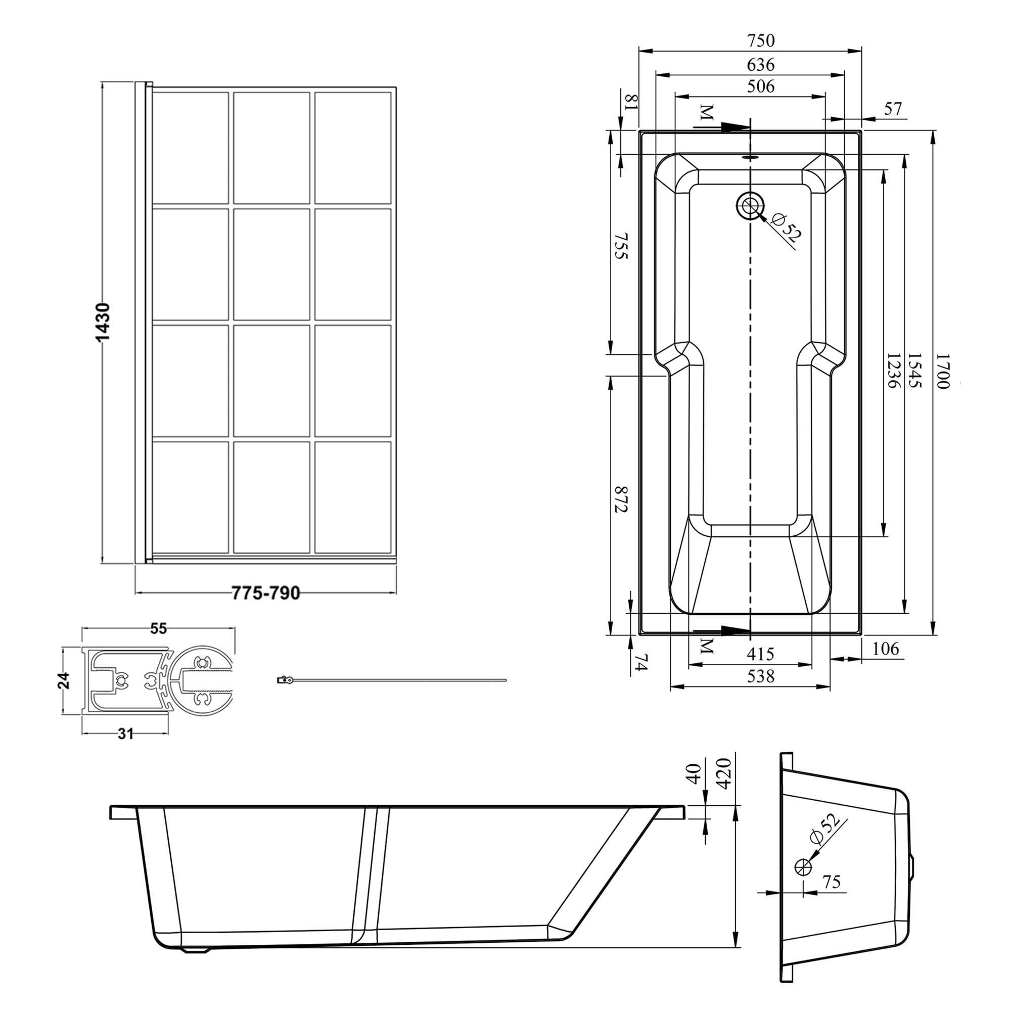 Armourcast Reinforced Keyhole Shower Bath & Matt Black Shower Screen - 1700mm