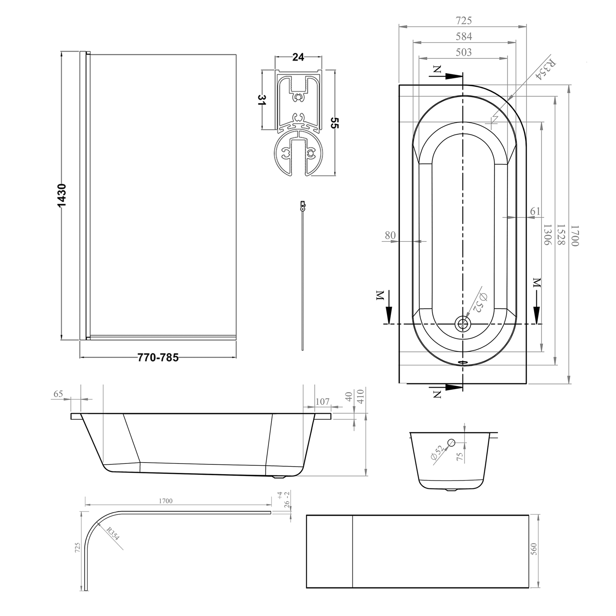 Armourcast Reinforced J Shaped Shower Bath with Panel & Shower Screen - 1700mm