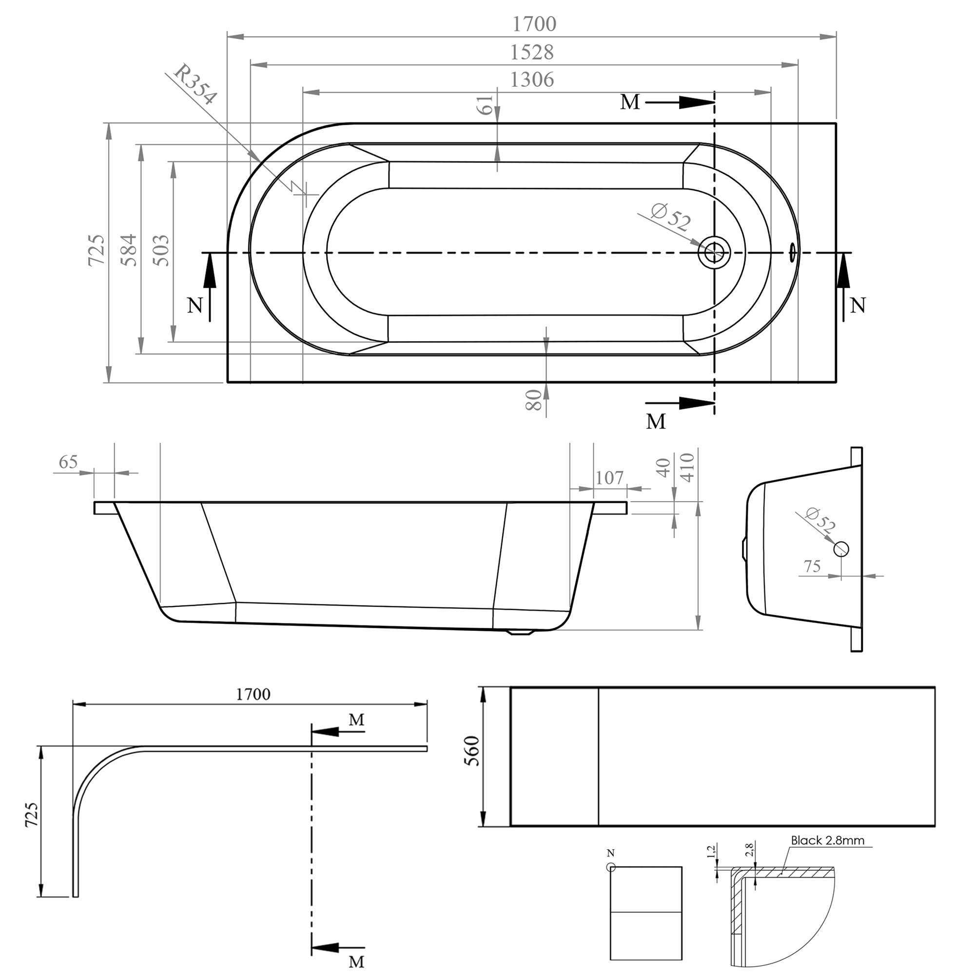 Armourcast Reinforced J-Shaped Single Ended Corner Bath & Panel - 1700mm